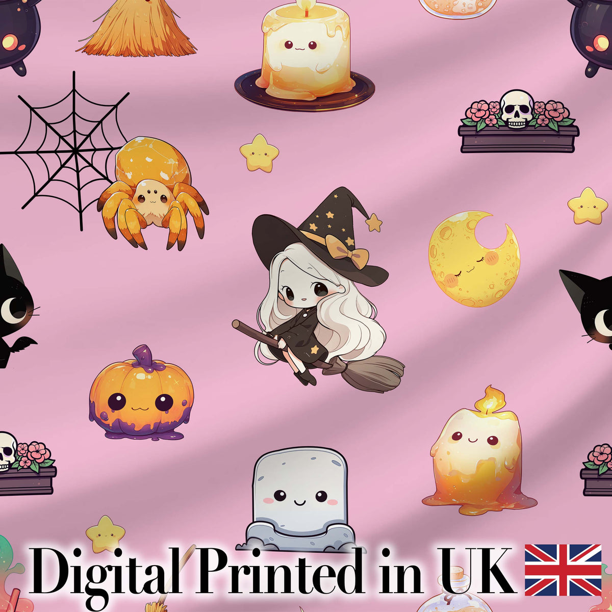 Cute Kawaii Halloween Witch Pumpkin Spider Seamless Pattern Rose Background Digital Print Fabric by the Metre UK Sewing Quilting Textile