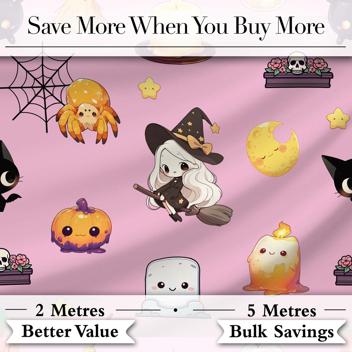 Cute Kawaii Halloween Witch Pumpkin Spider Seamless Pattern Rose Background Digital Print Fabric by the Metre UK Sewing Quilting Textile