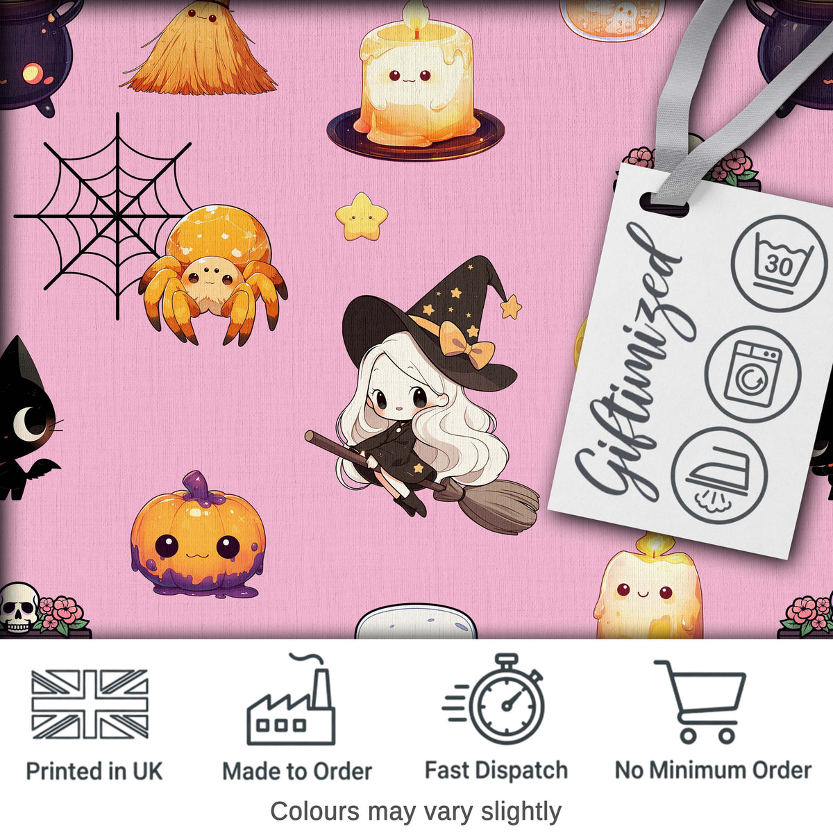 Cute Kawaii Halloween Witch Pumpkin Spider Seamless Pattern Rose Background Digital Print Fabric by the Metre UK Sewing Quilting Textile