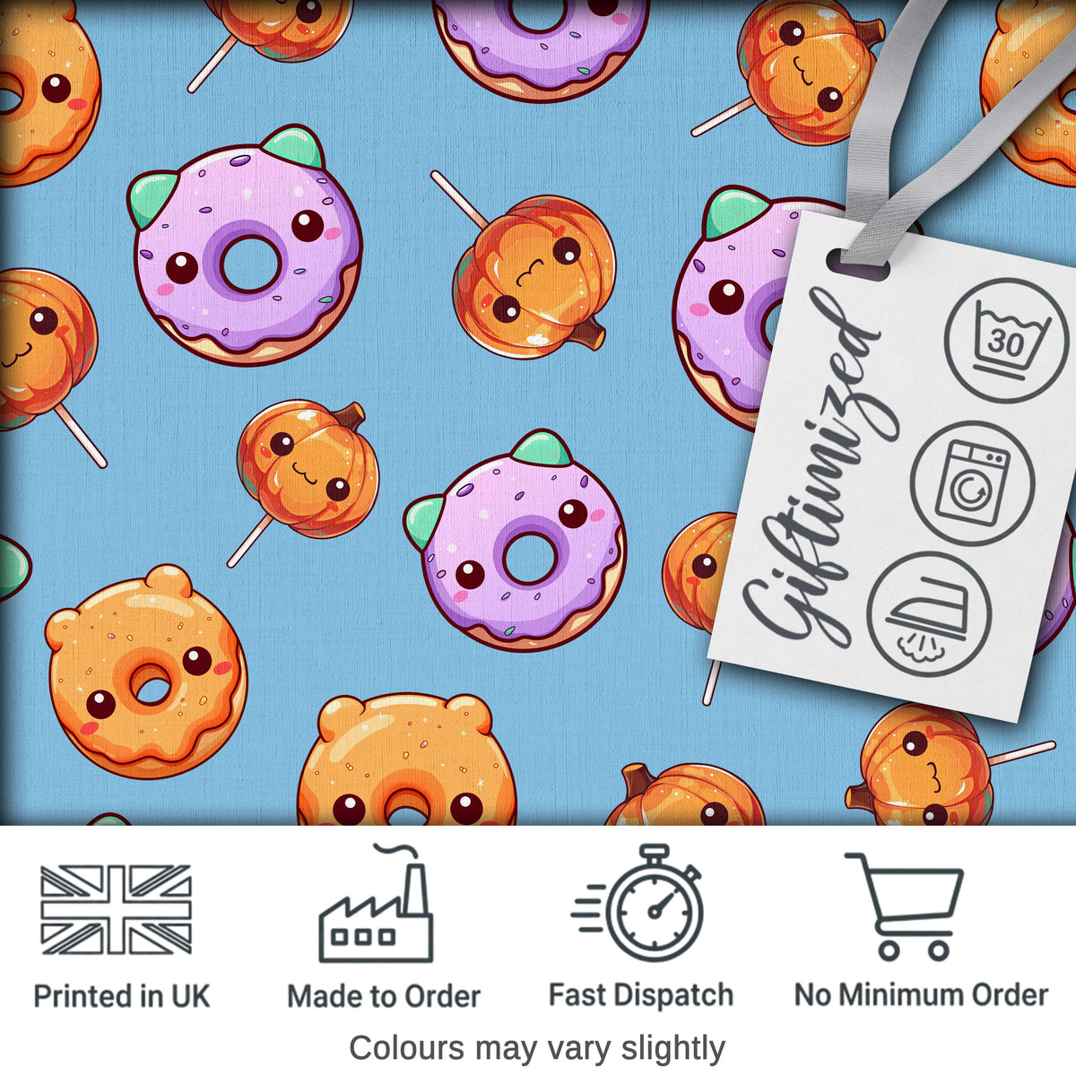 Cute Halloween Donuts Pumpkin Lollipop Seamless Pattern Blue Background Digital Print Fabric by the Metre UK Sewing Quilting Textile
