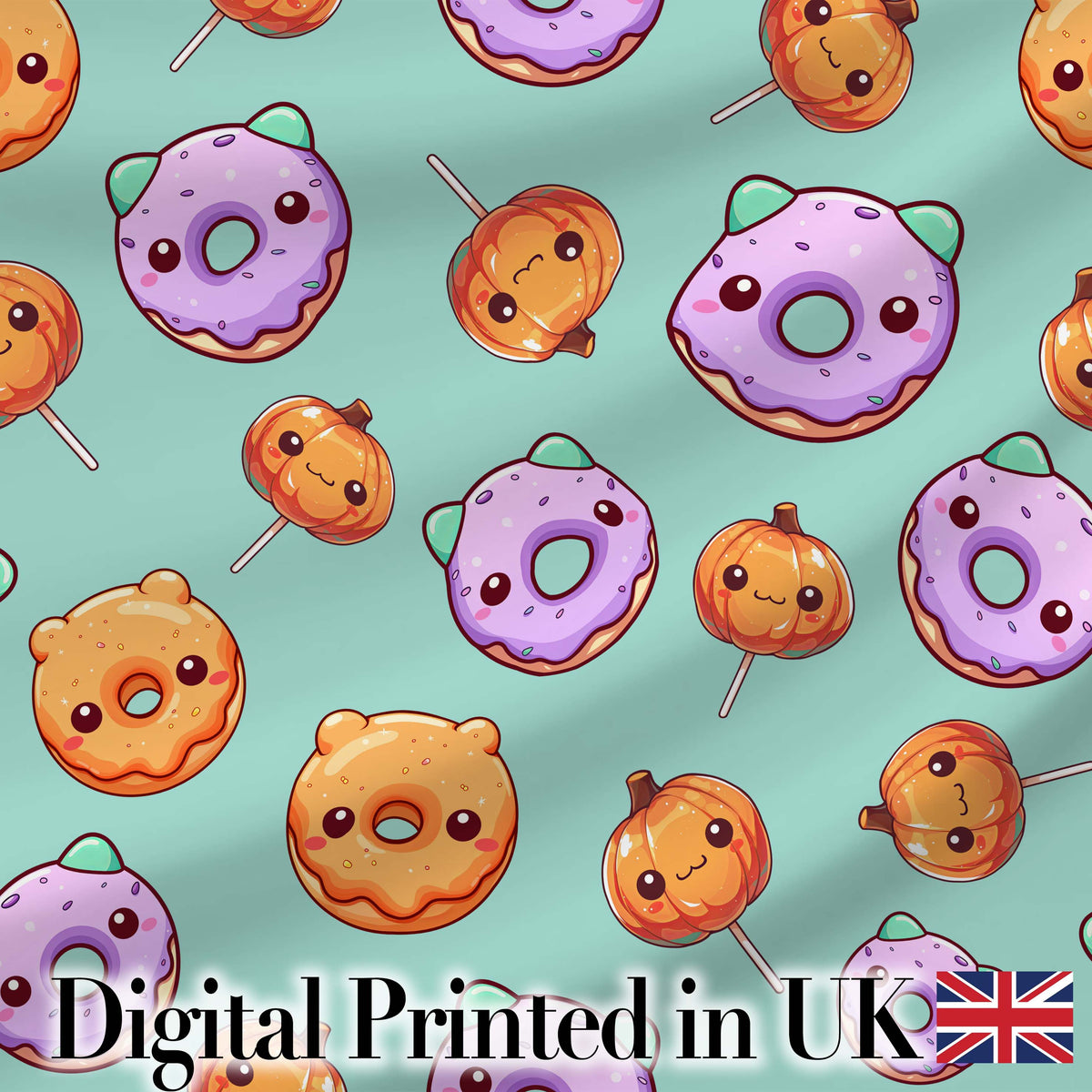 Cute Halloween Donuts Pumpkin Lollipop Seamless Pattern Teal Background Digital Print Fabric by the Metre UK Sewing Quilting Textile