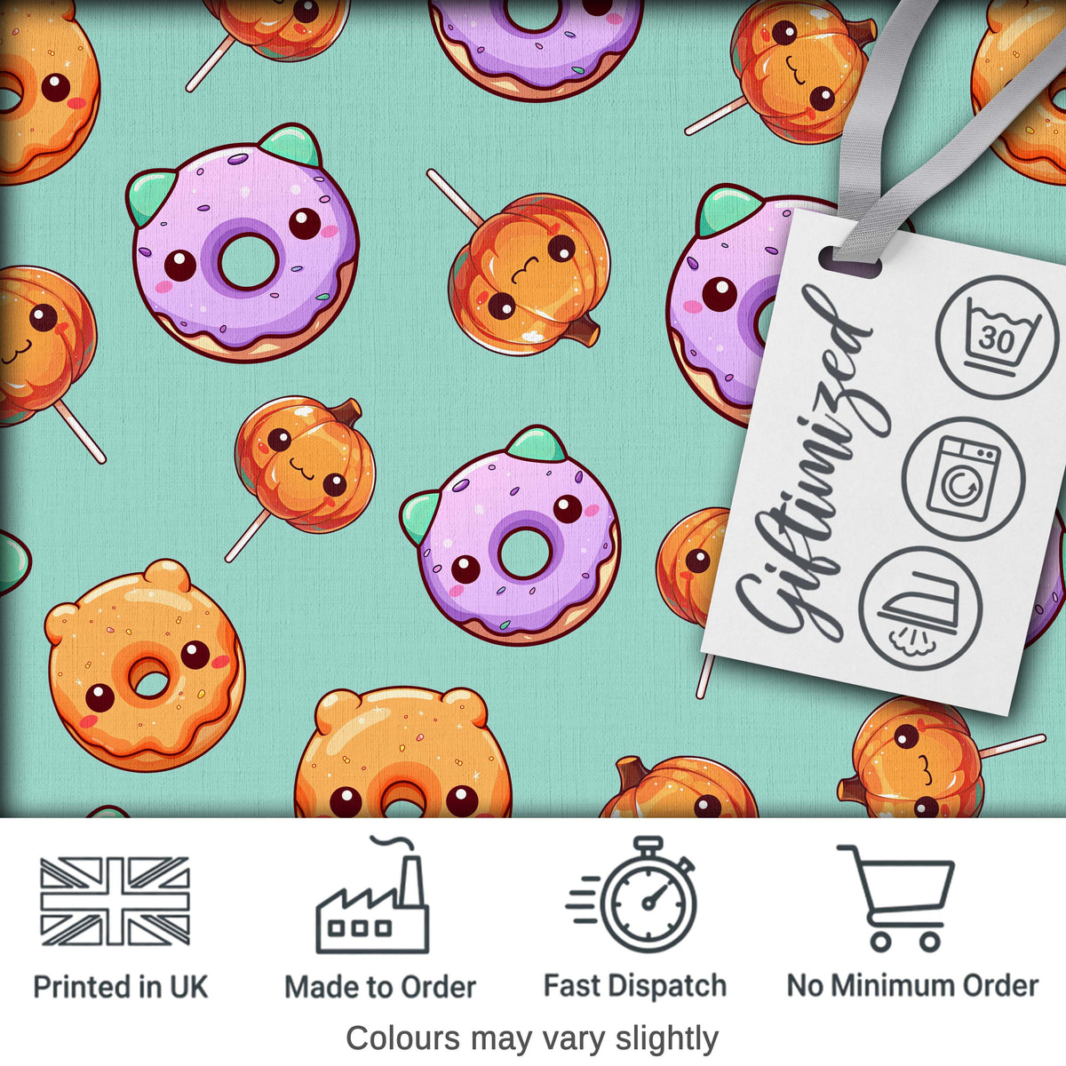 Cute Halloween Donuts Pumpkin Lollipop Seamless Pattern Teal Background Digital Print Fabric by the Metre UK Sewing Quilting Textile
