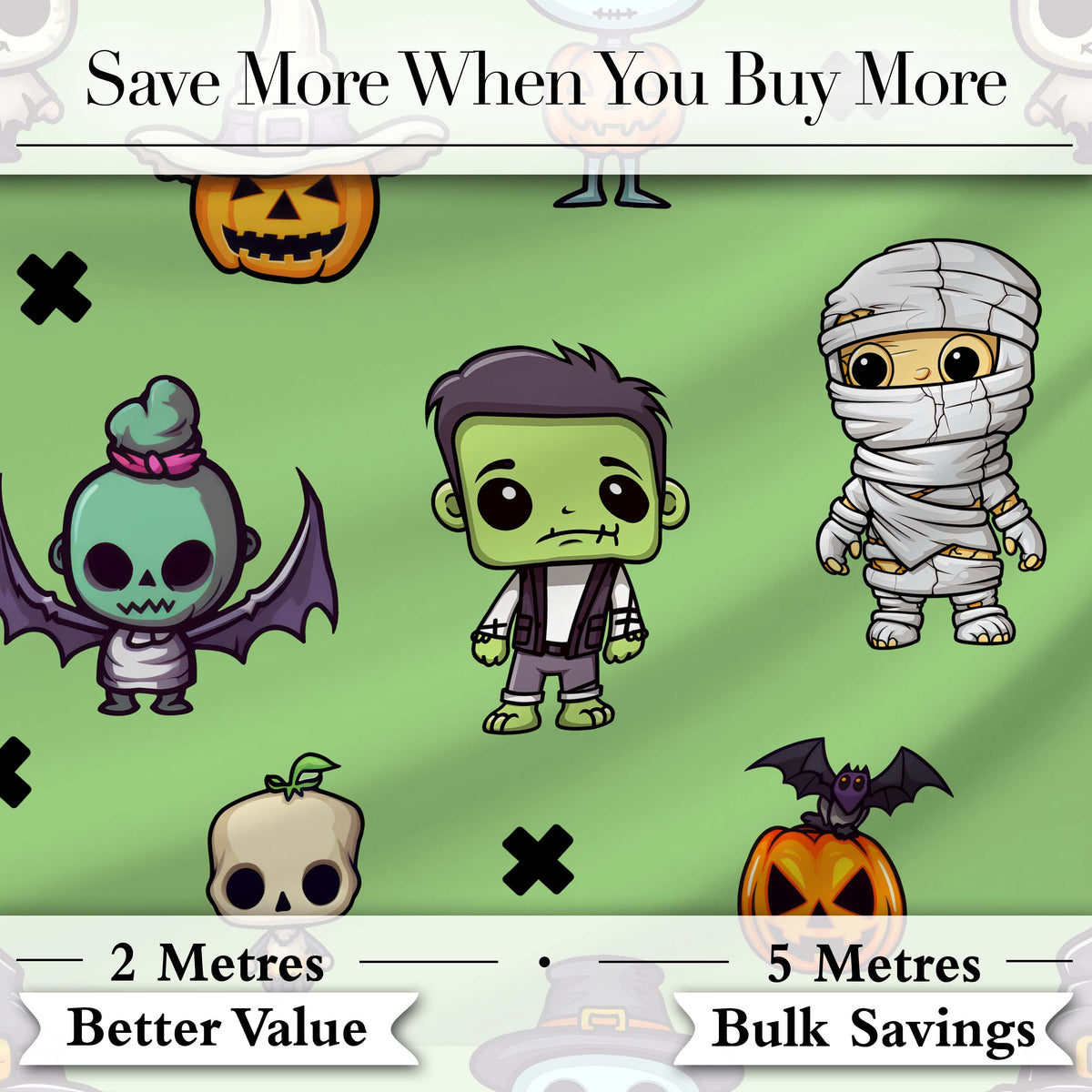 Cute Halloween Frankenstein Mummy Bat Pumpkin Seamless Pattern Green Background Digital Print Fabric by the Metre UK Sewing Quilting Textile