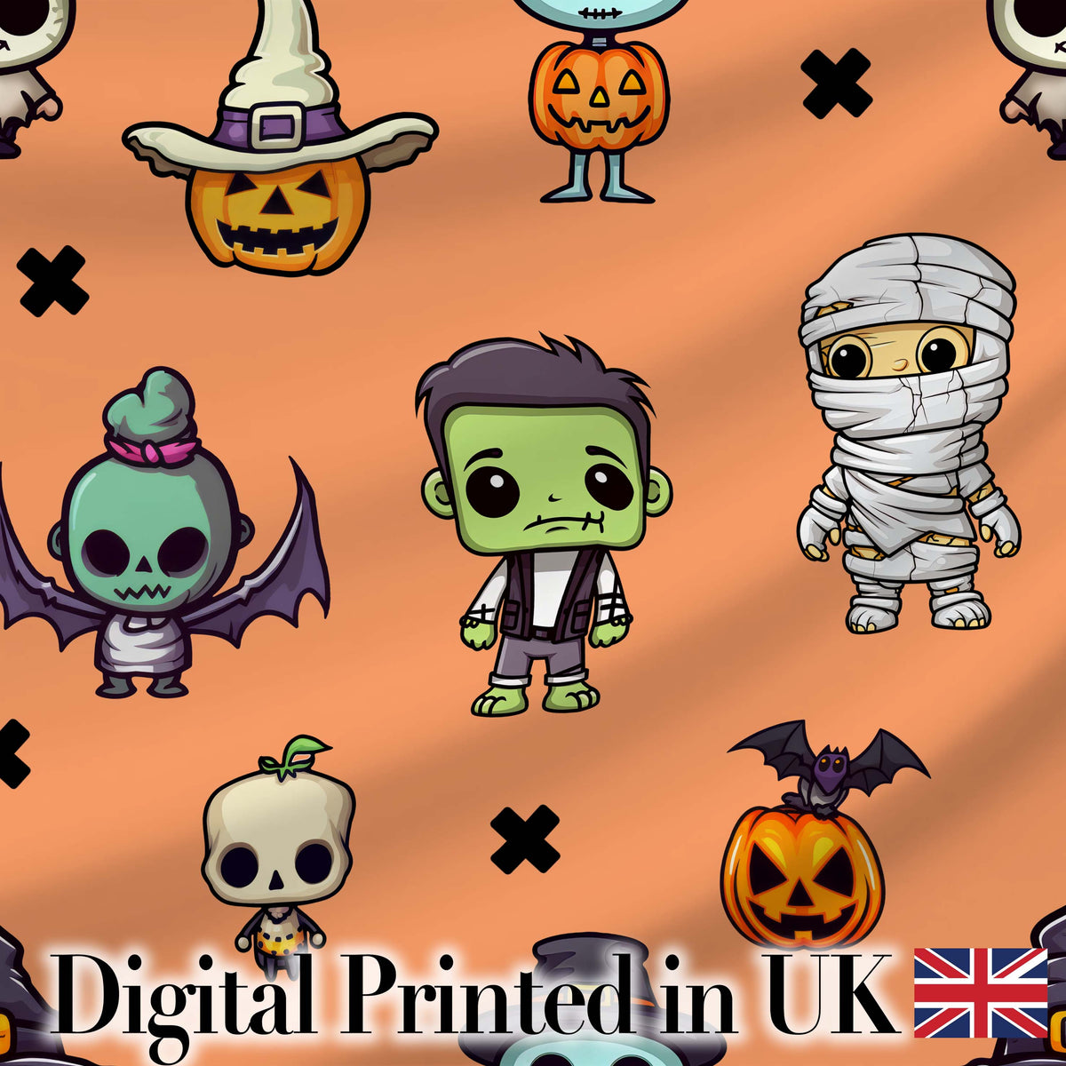Halloween Frankenstein Mummy Bat Pumpkin Seamless Pattern Orange Background Digital Print Fabric by the Metre UK Sewing Quilting Textile