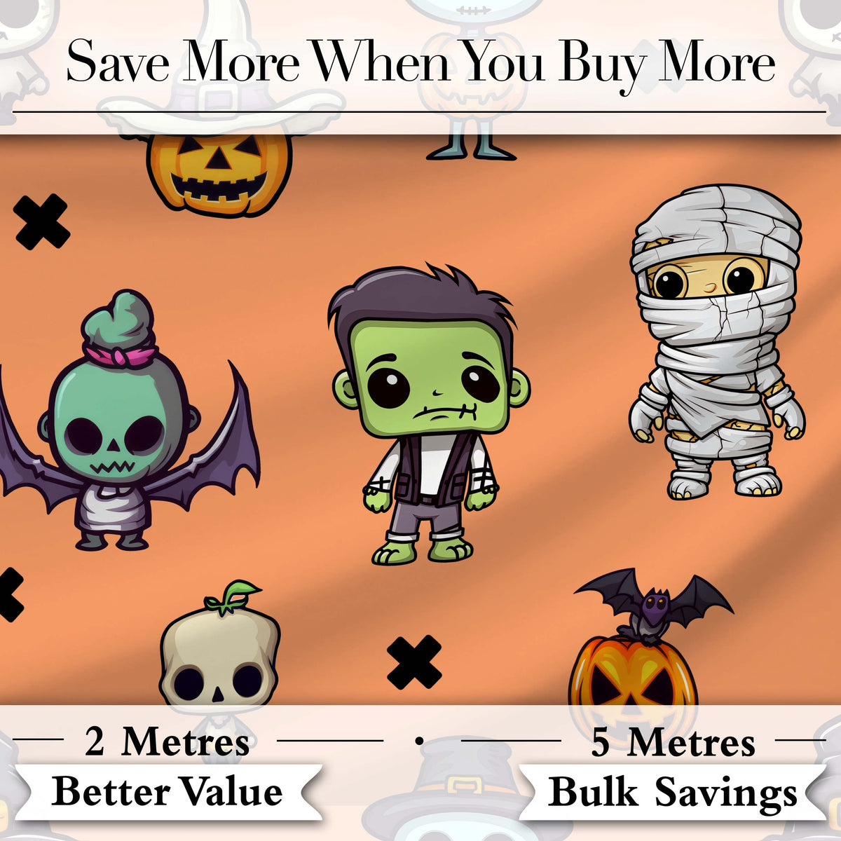 Halloween Frankenstein Mummy Bat Pumpkin Seamless Pattern Orange Background Digital Print Fabric by the Metre UK Sewing Quilting Textile