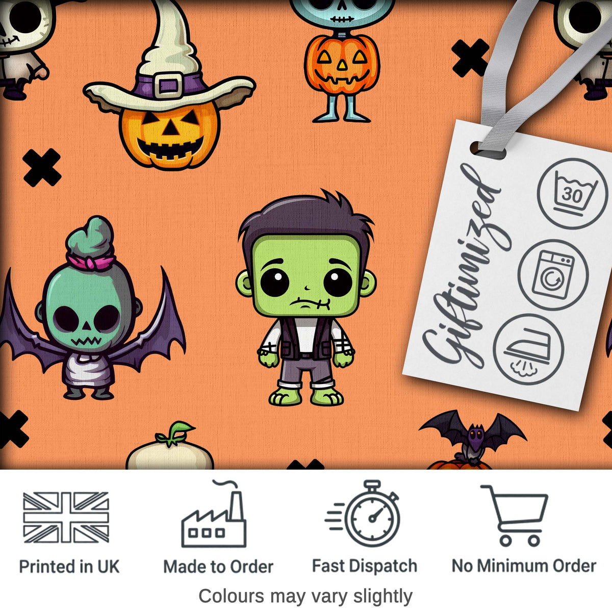 Halloween Frankenstein Mummy Bat Pumpkin Seamless Pattern Orange Background Digital Print Fabric by the Metre UK Sewing Quilting Textile