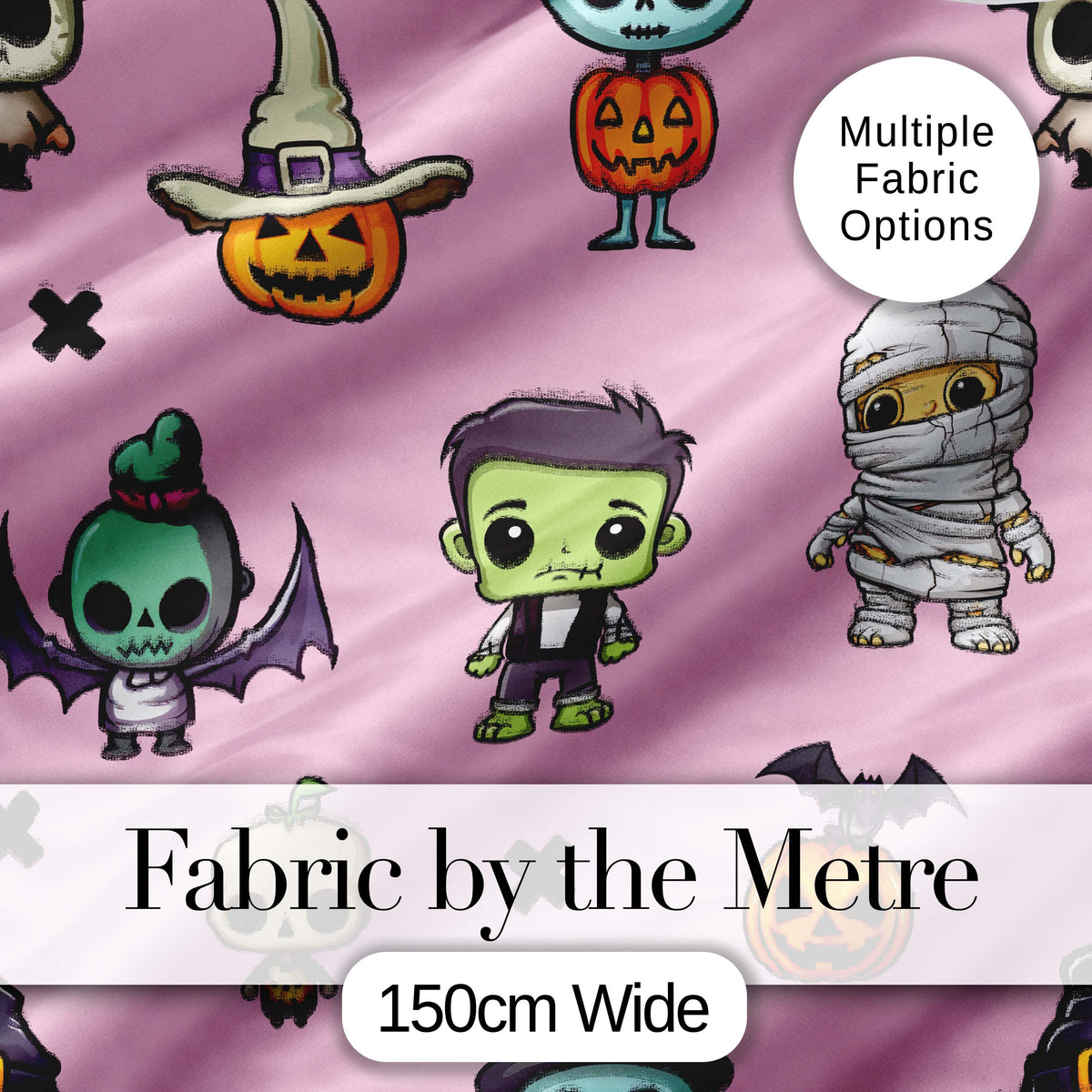Cute Halloween Frankenstein Mummy Bat Pumpkin Seamless Pattern Pink Background Digital Print Fabric by the Metre UK Sewing Quilting Textile
