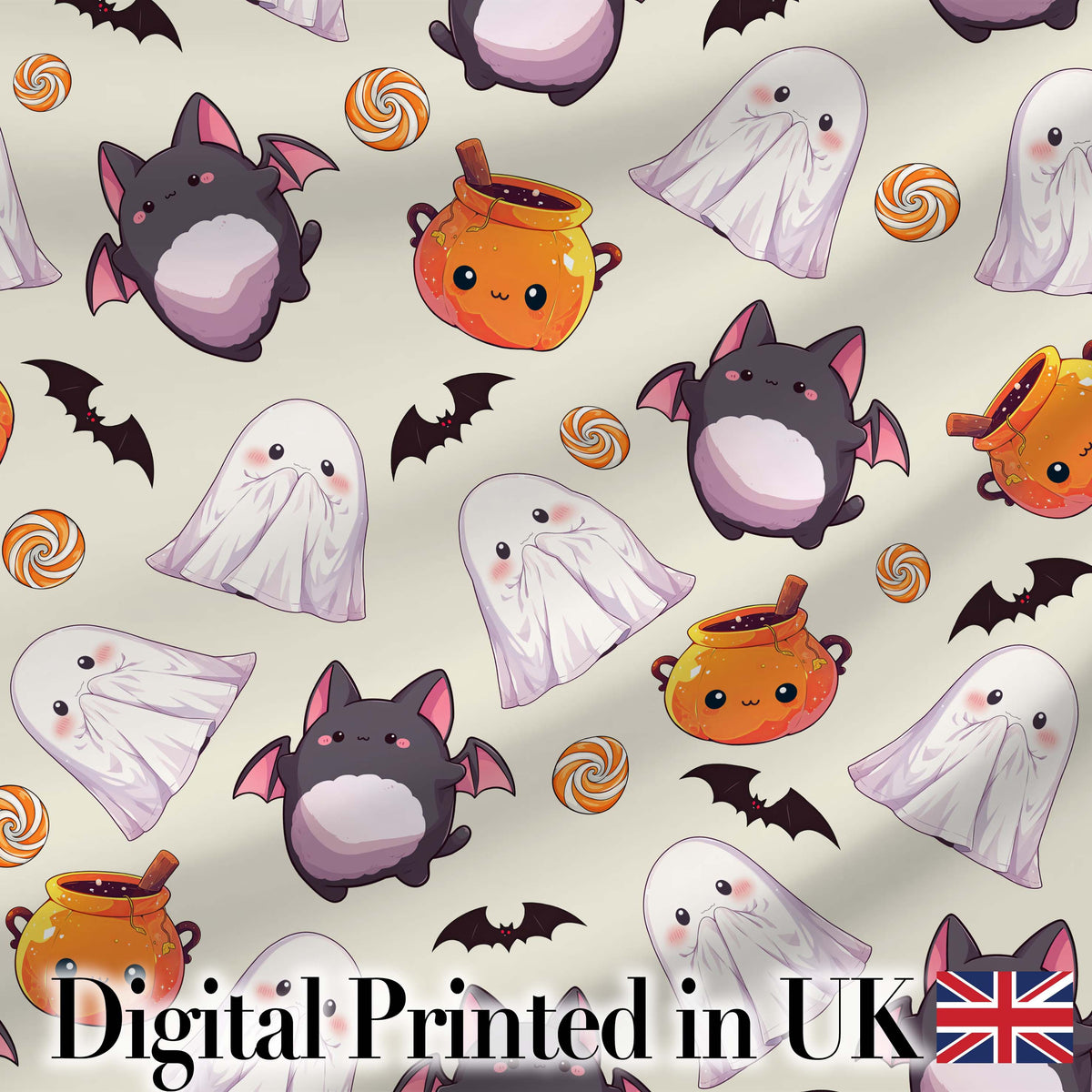 Cute Kawaii Halloween Ghost Bat Candy Pumpkin Seamless Pattern Cream Background Digital Print Fabric by the Metre UK Sewing Quilting Textile