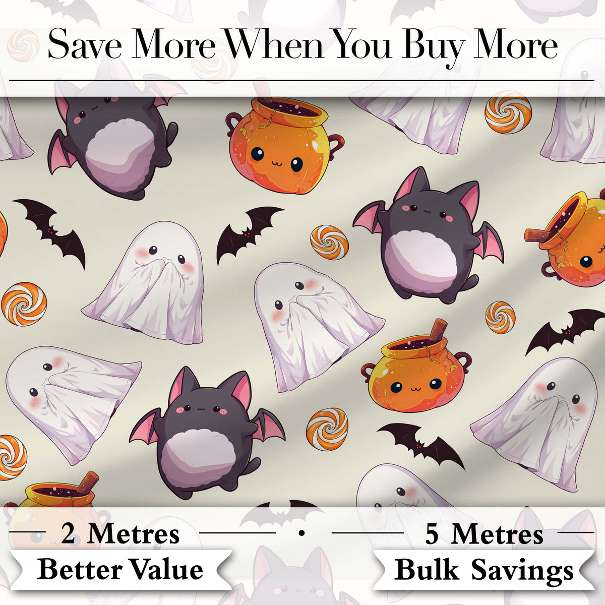 Cute Kawaii Halloween Ghost Bat Candy Pumpkin Seamless Pattern Cream Background Digital Print Fabric by the Metre UK Sewing Quilting Textile