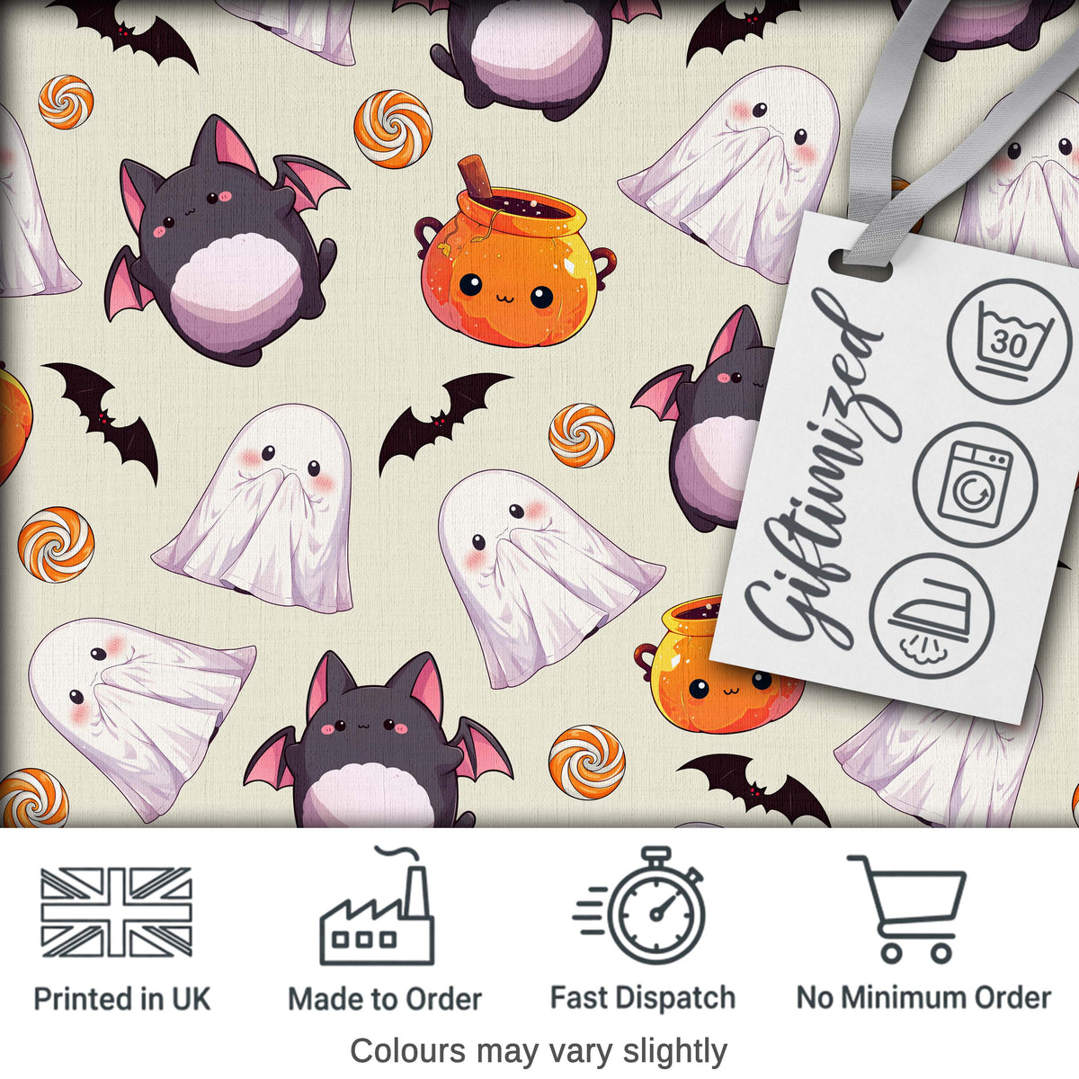 Cute Kawaii Halloween Ghost Bat Candy Pumpkin Seamless Pattern Cream Background Digital Print Fabric by the Metre UK Sewing Quilting Textile