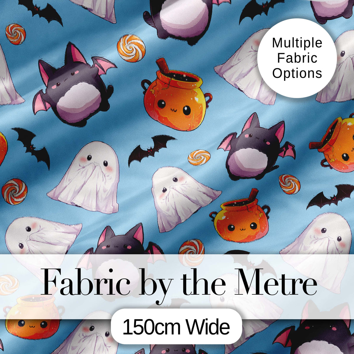 Cute Kawaii Halloween Ghost Bat Candy Pumpkin Seamless Pattern Blue Background Digital Print Fabric by the Metre UK Sewing Quilting Textile
