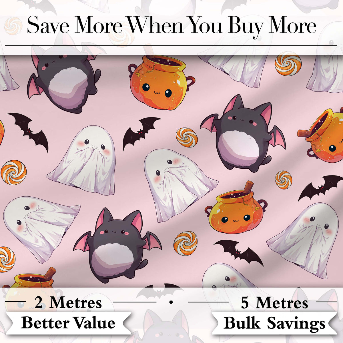 Cute Kawaii Halloween Ghost Bat Candy Pumpkin Seamless Pattern Blush Background Digital Print Fabric by the Metre UK Sewing Quilting Textile