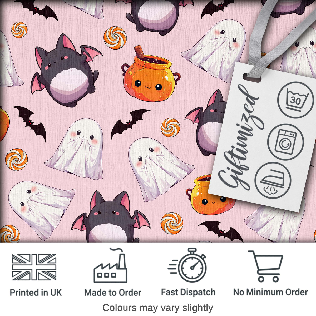 Cute Kawaii Halloween Ghost Bat Candy Pumpkin Seamless Pattern Blush Background Digital Print Fabric by the Metre UK Sewing Quilting Textile