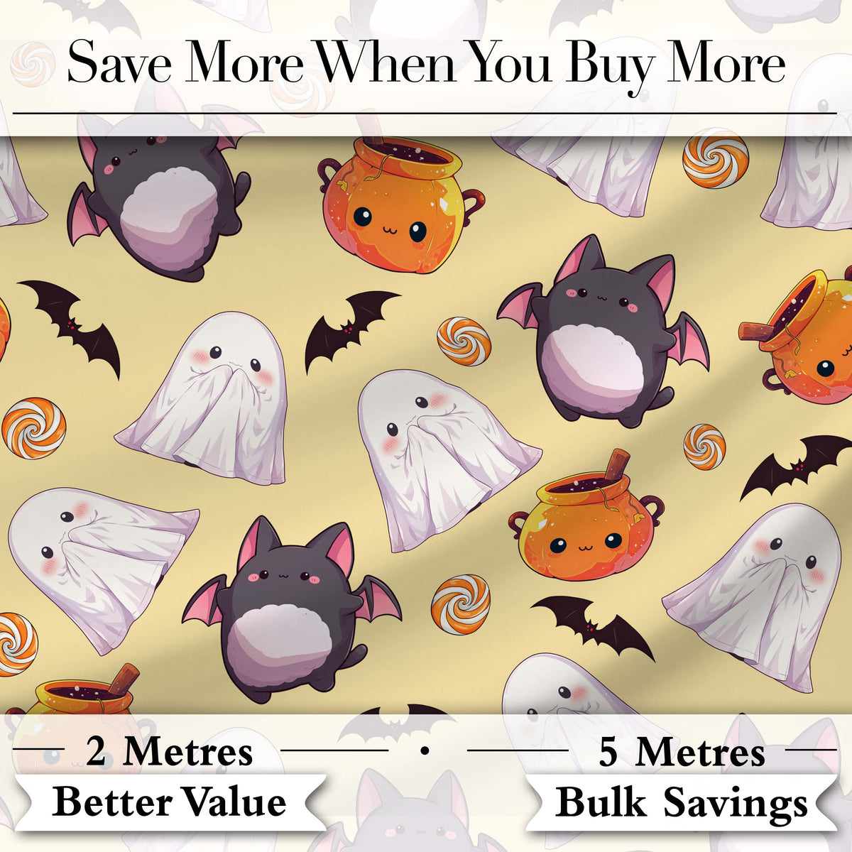 Kawaii Halloween Ghost Bat Candy Pumpkin Seamless Pattern Yellow Background Digital Print Fabric by the Metre UK Sewing Quilting Textile