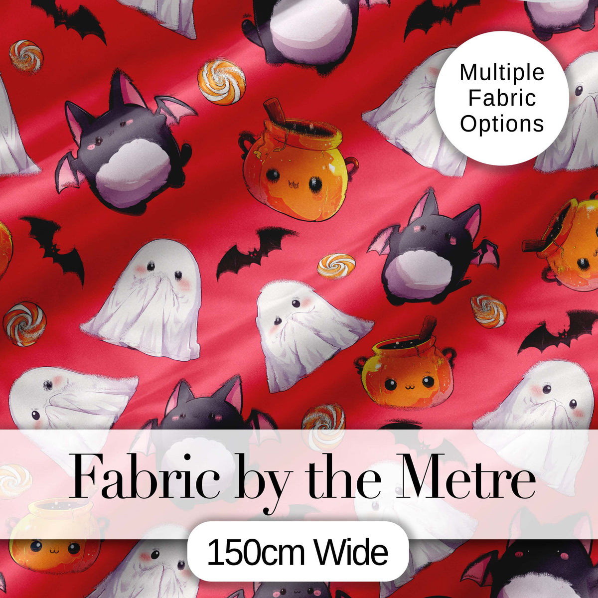 Cute Kawaii Halloween Ghost Bat Candy Pumpkin Seamless Pattern Red Background Digital Print Fabric by the Metre UK Sewing Quilting Textile