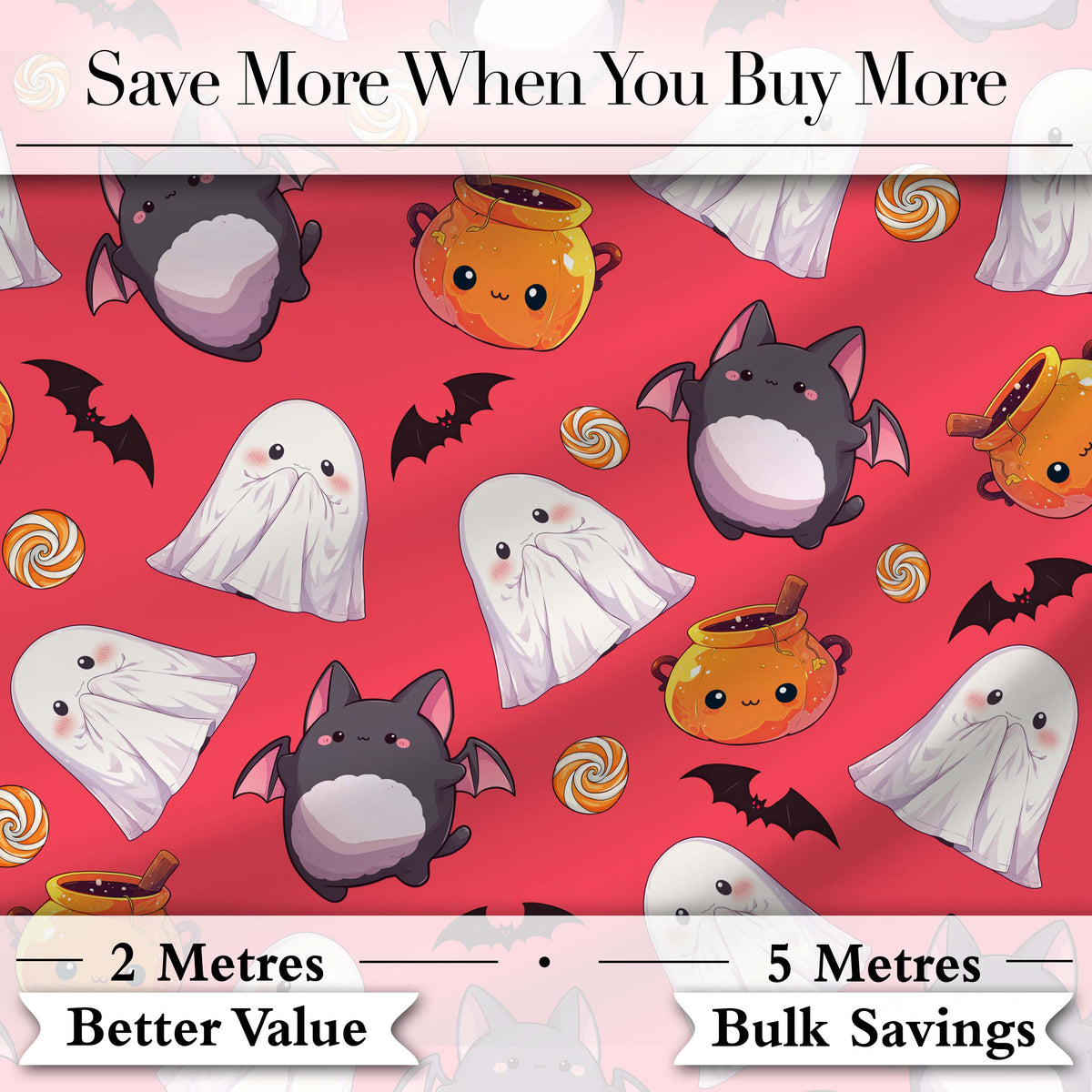Cute Kawaii Halloween Ghost Bat Candy Pumpkin Seamless Pattern Red Background Digital Print Fabric by the Metre UK Sewing Quilting Textile