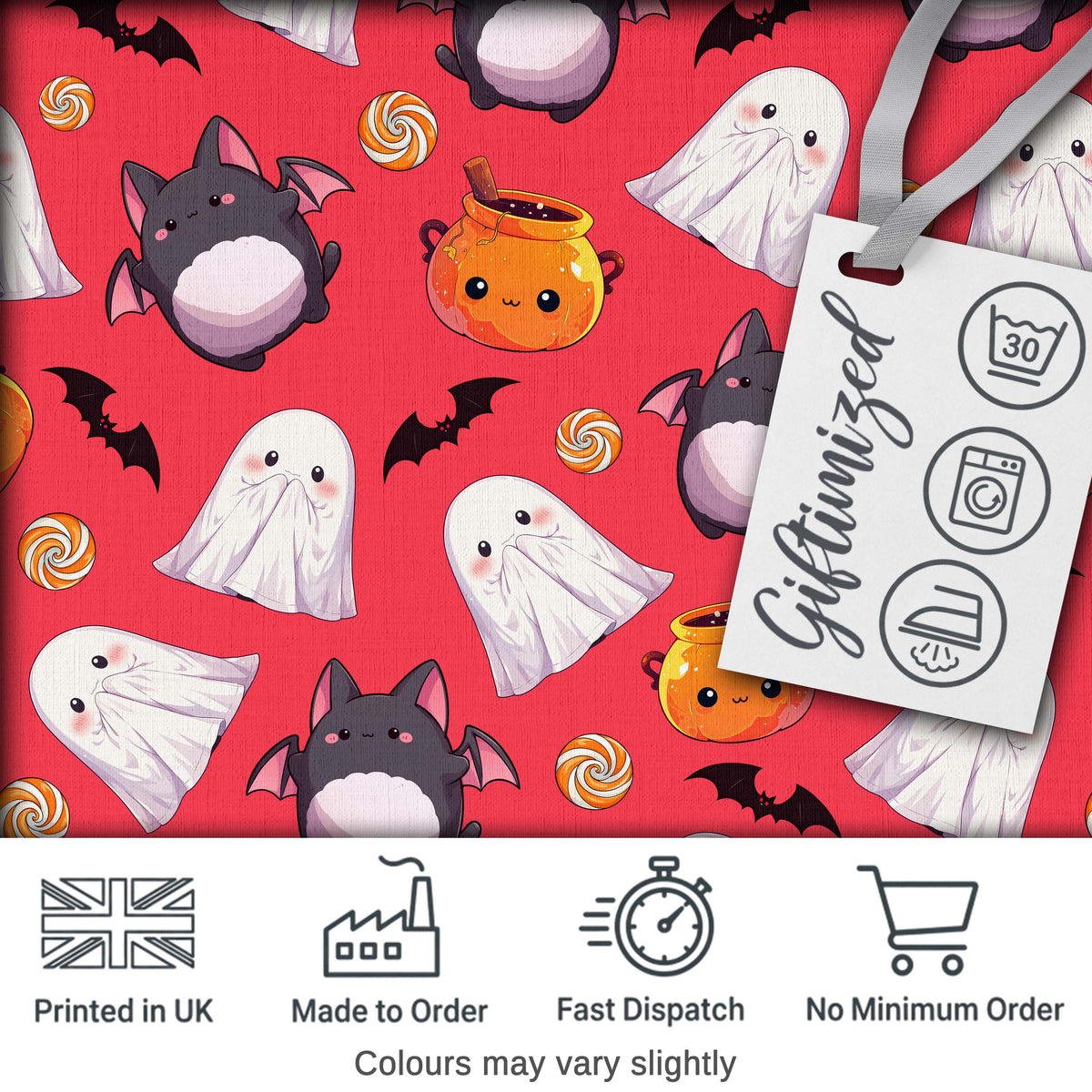 Cute Kawaii Halloween Ghost Bat Candy Pumpkin Seamless Pattern Red Background Digital Print Fabric by the Metre UK Sewing Quilting Textile