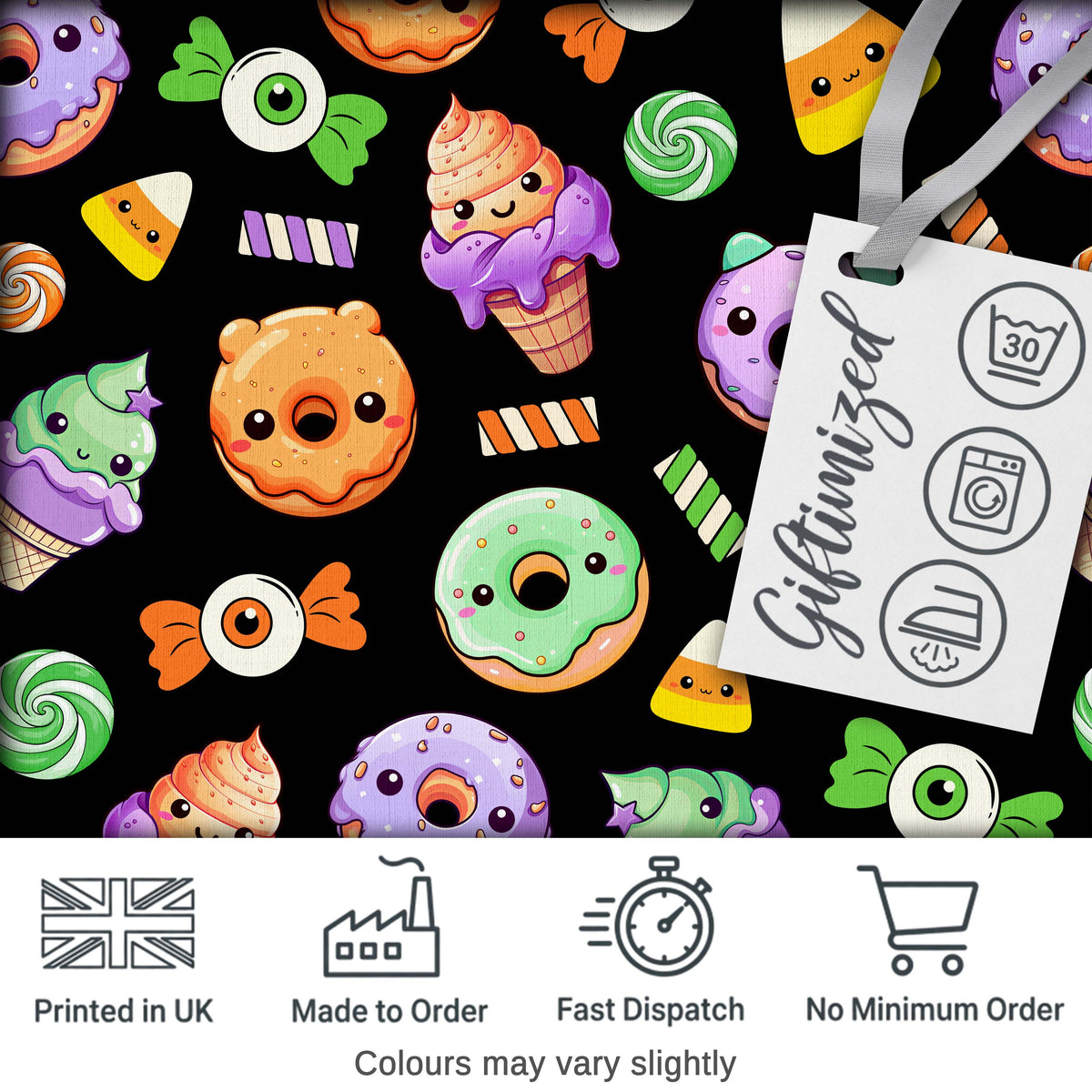Cute Halloween Donuts Candy Eyeball Ice Cream Seamless Pattern Black Background Digital Print Fabric by the Metre UK Sewing Quilting Textile