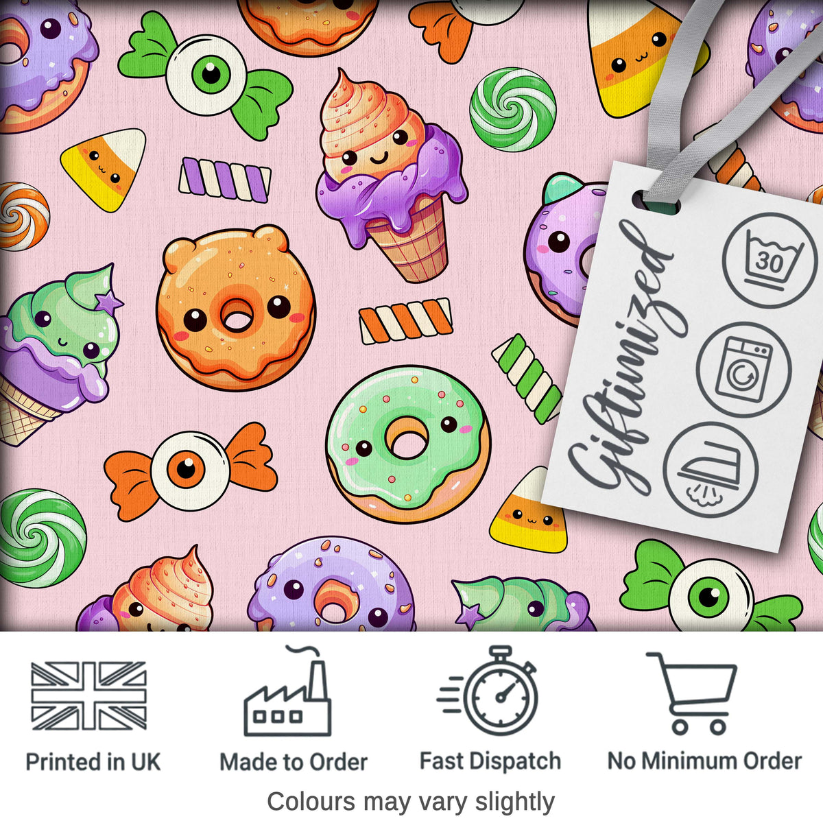Halloween Donuts Candy Eyeball Ice Cream Seamless Pattern Soft Pink Background Digital Print Fabric by the Metre UK Sewing Quilting Textile