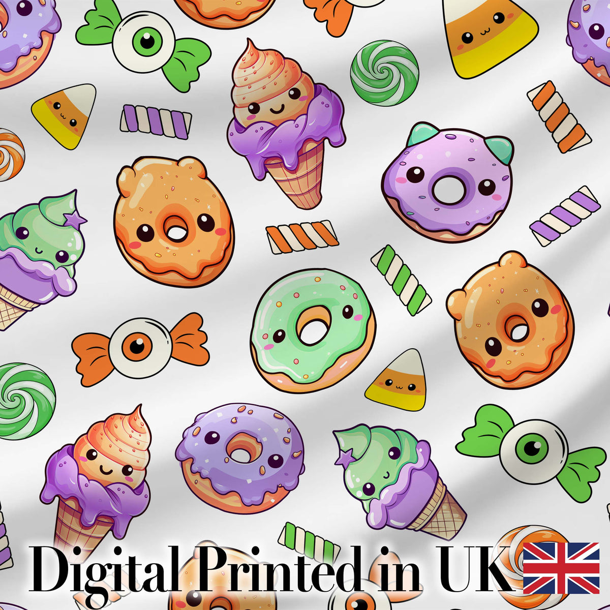 Halloween Donut Candy Eyeball Ice Cream Seamless Pattern Light Grey Background Digital Print Fabric by the Metre UK Sewing Quilting Textile