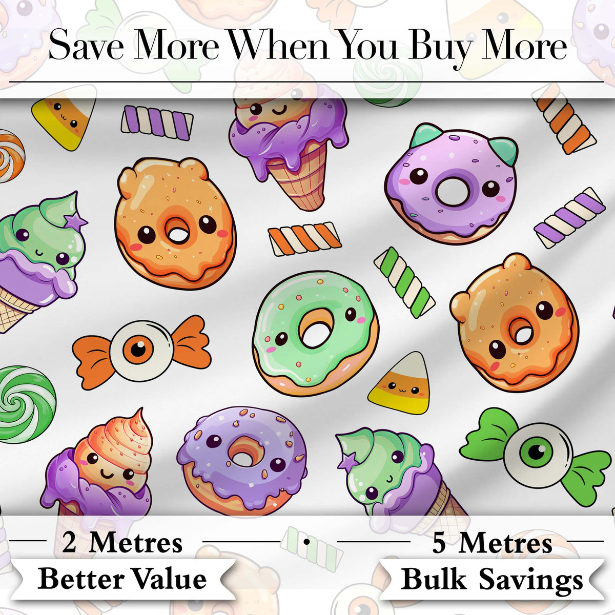Halloween Donut Candy Eyeball Ice Cream Seamless Pattern Light Grey Background Digital Print Fabric by the Metre UK Sewing Quilting Textile