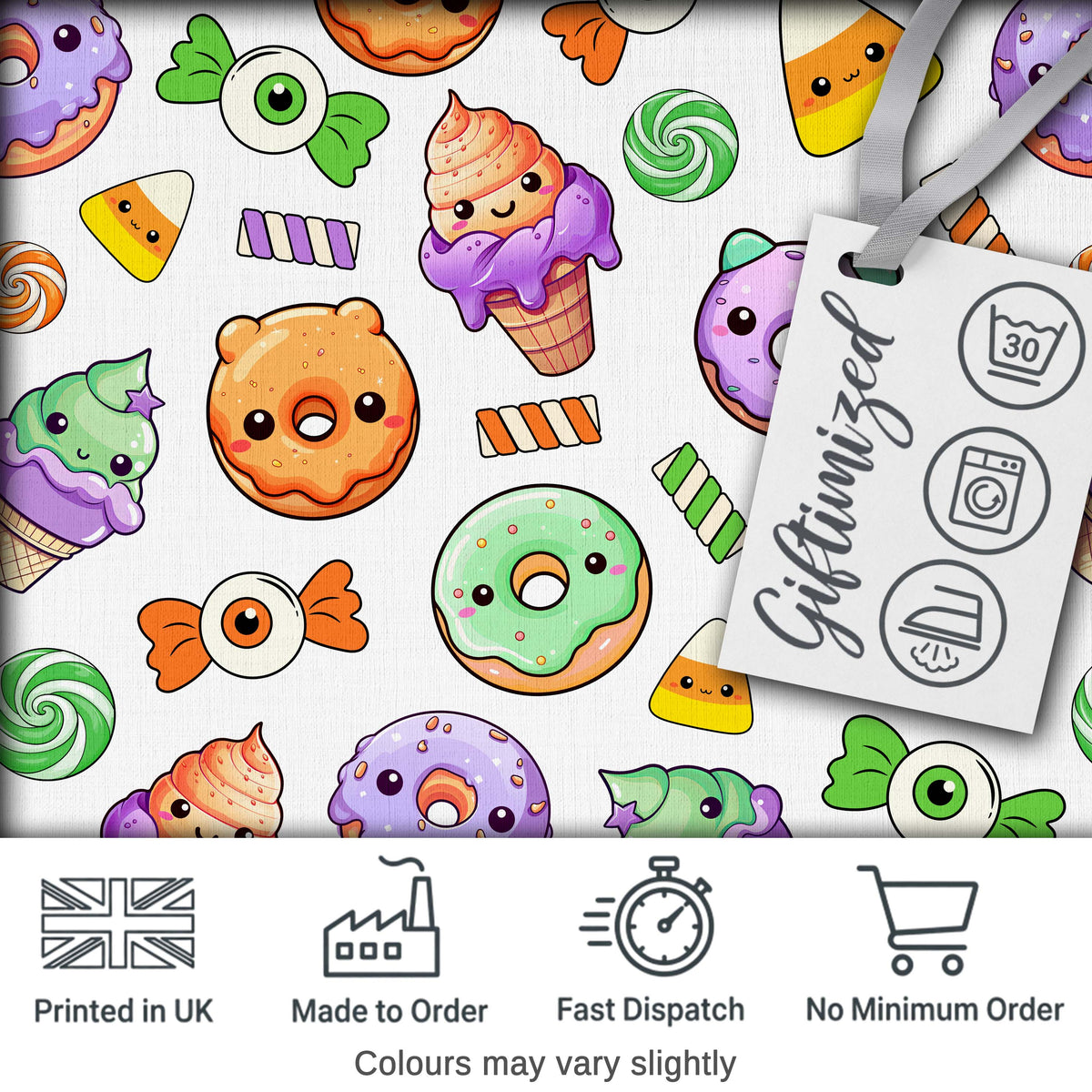Halloween Donut Candy Eyeball Ice Cream Seamless Pattern Light Grey Background Digital Print Fabric by the Metre UK Sewing Quilting Textile