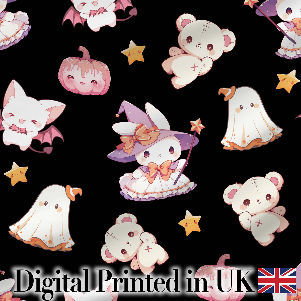 Kawaii Halloween Bunny Witch Ghost Pumpkin Seamless Pattern Black Background Digital Print Fabric by the Metre UK Sewing Quilting Textile
