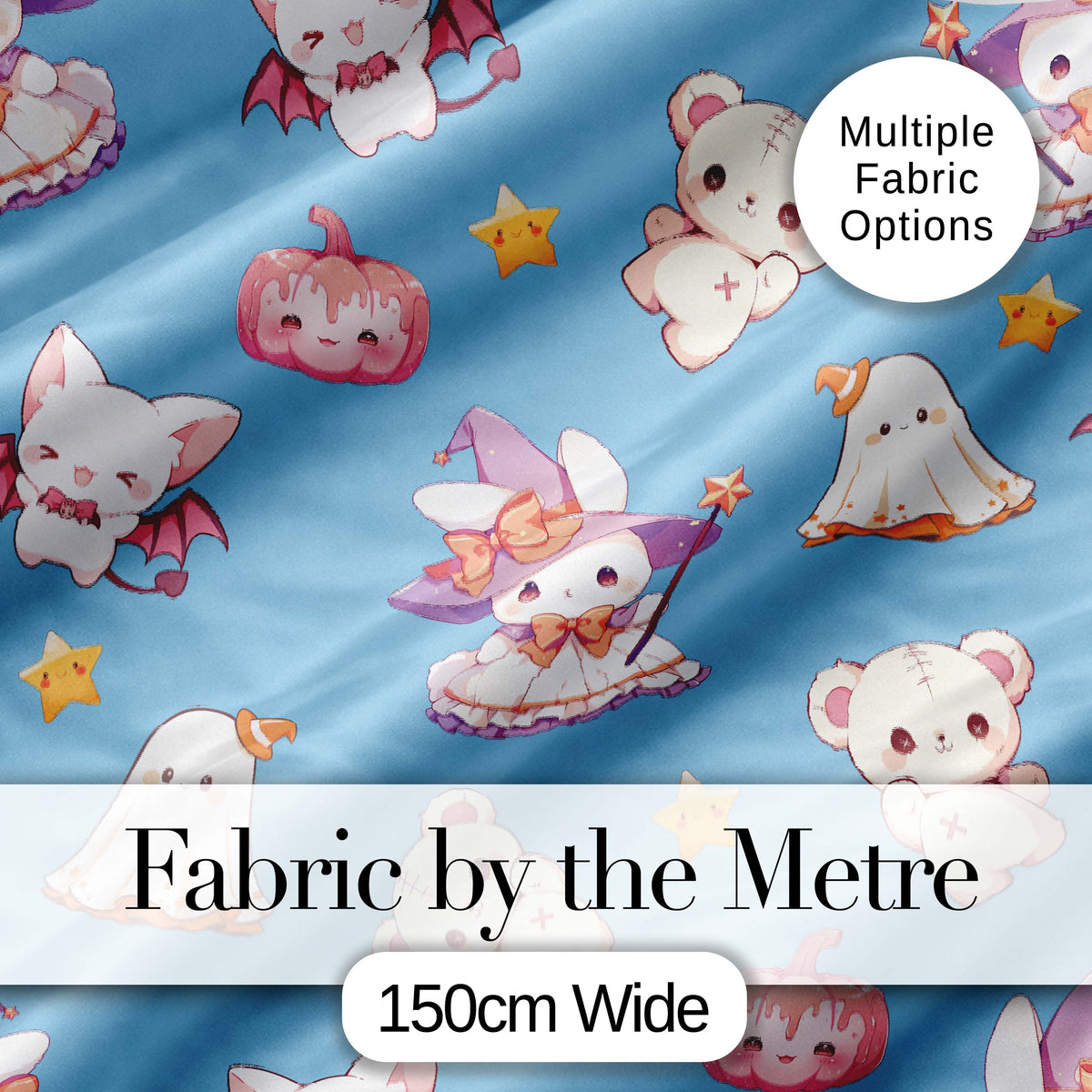 Kawaii Halloween Bunny Witch Ghost Pumpkin Seamless Pattern Blue Background Digital Print Fabric by the Metre UK Sewing Quilting Textile