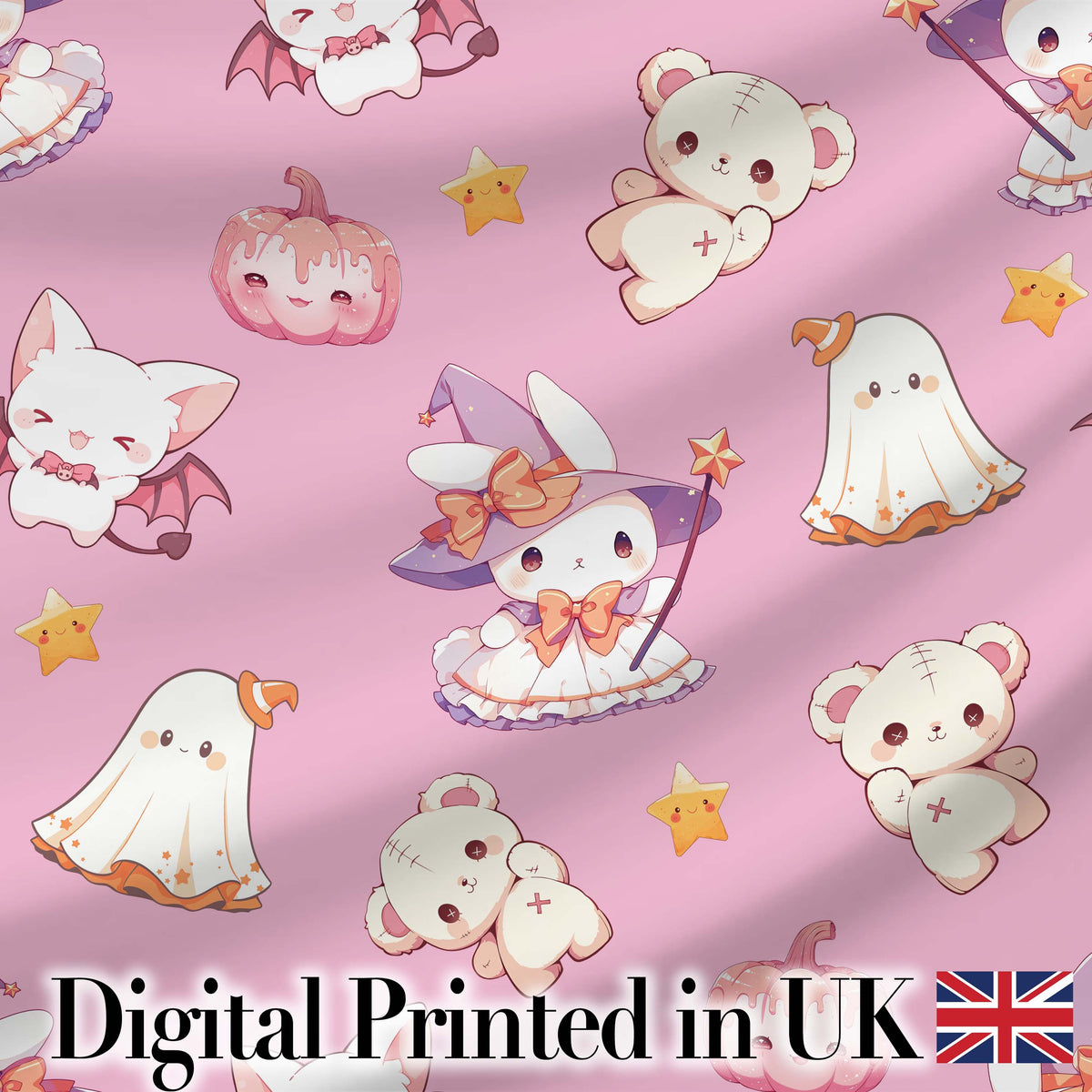 Cute Halloween Bunny Witch Ghost Pumpkin Seamless Pattern Soft Pink Background Digital Print Fabric by the Metre UK Sewing Quilting Textile