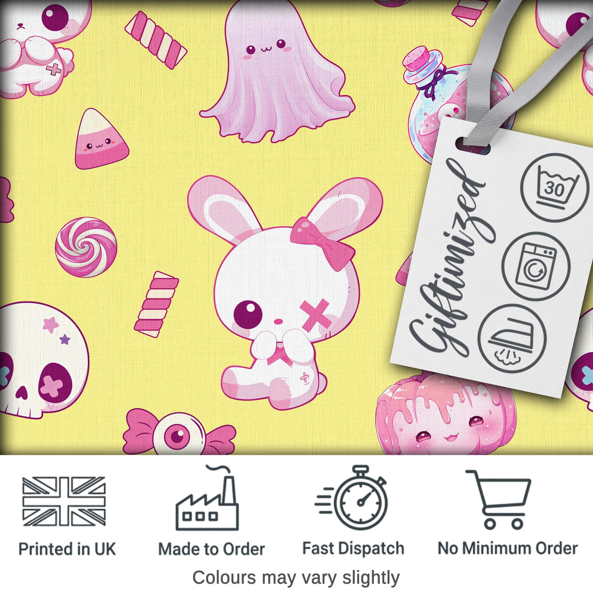 Cute Halloween Bunny Ghost Candy Pumpkin Seamless Pattern Yellow Background Digital Print Fabric by the Metre UK Sewing Quilting Textile