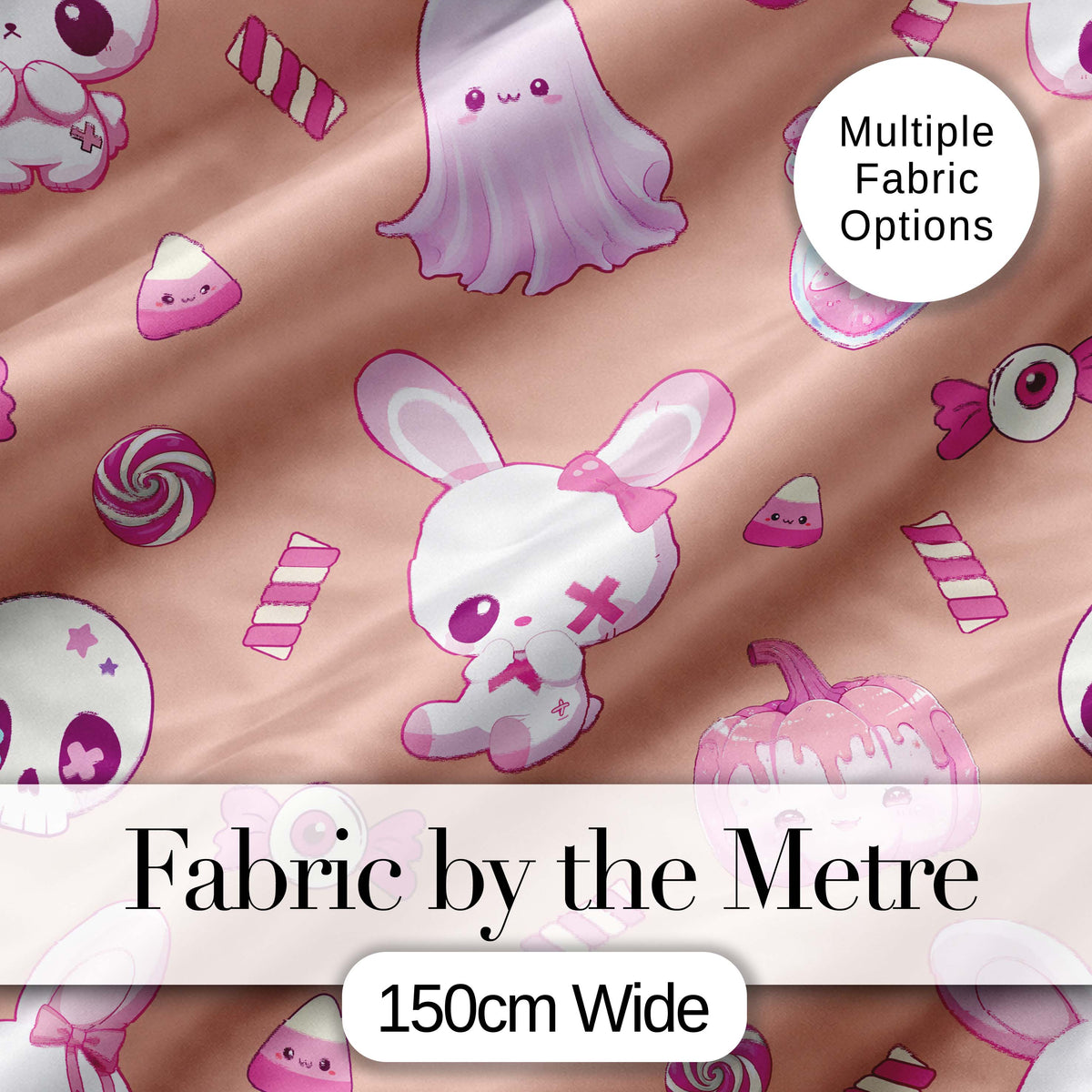 Cute Halloween Bunny Ghost Candy Pumpkin Seamless Pattern Peach Background Digital Print Fabric by the Metre UK Sewing Quilting Textile