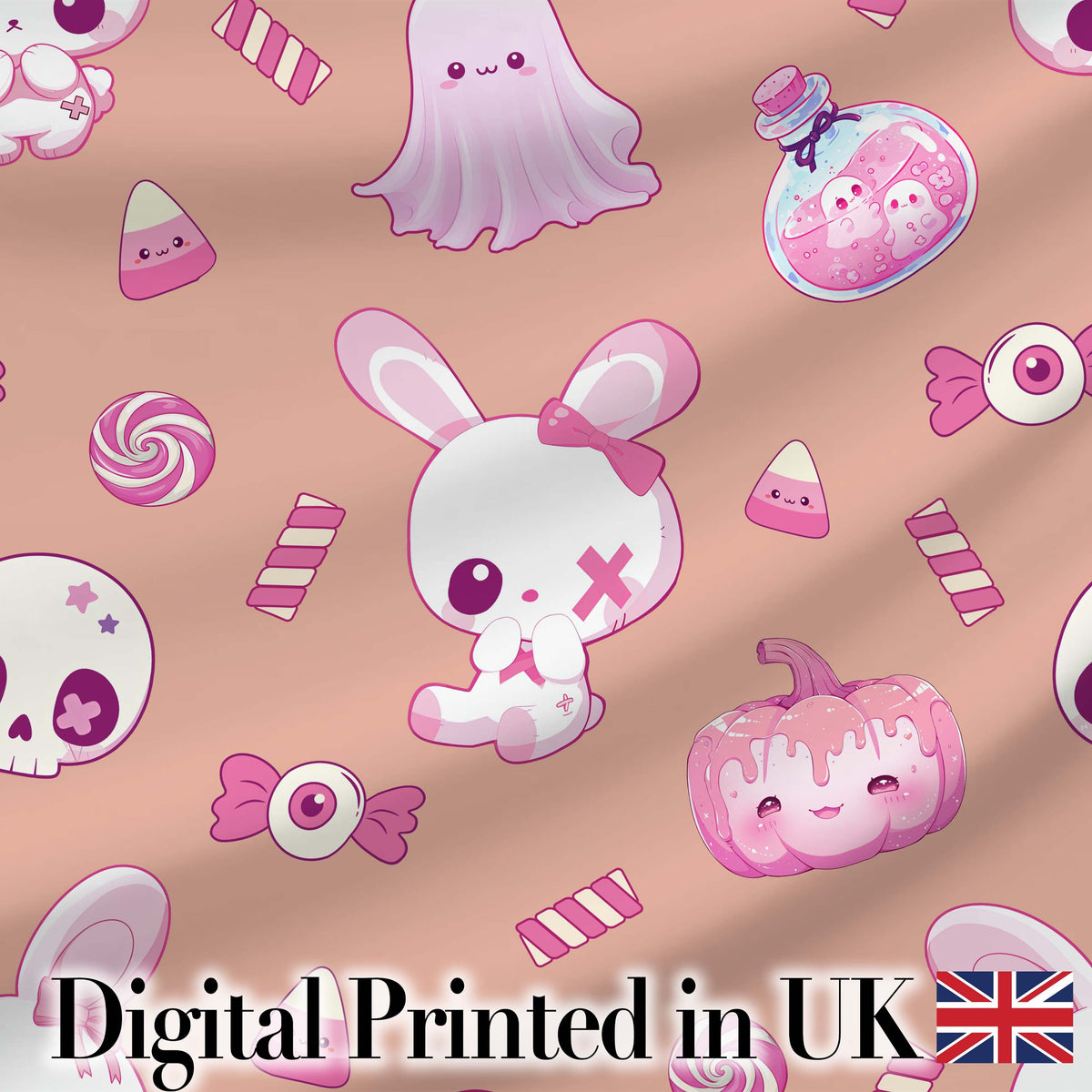 Cute Halloween Bunny Ghost Candy Pumpkin Seamless Pattern Peach Background Digital Print Fabric by the Metre UK Sewing Quilting Textile