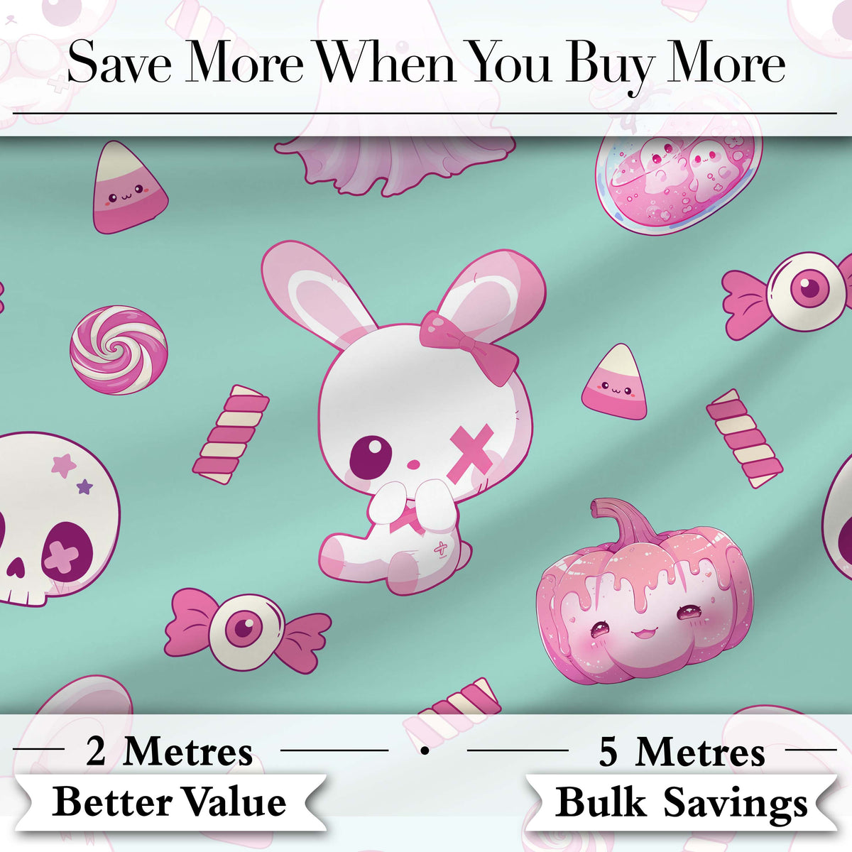 Cute Halloween Bunny Ghost Candy Pumpkin Seamless Pattern Teal Background Digital Print Fabric by the Metre UK Sewing Quilting Textile