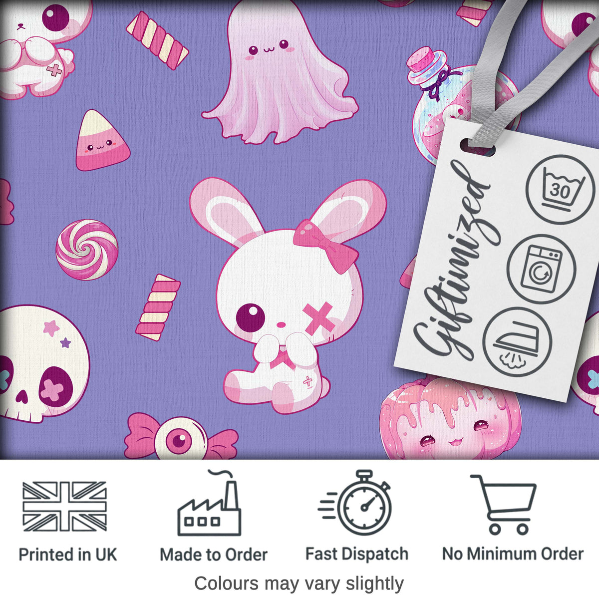 Cute Halloween Bunny Ghost Candy Pumpkin Seamless Pattern Purple Background Digital Print Fabric by the Metre UK Sewing Quilting Textile