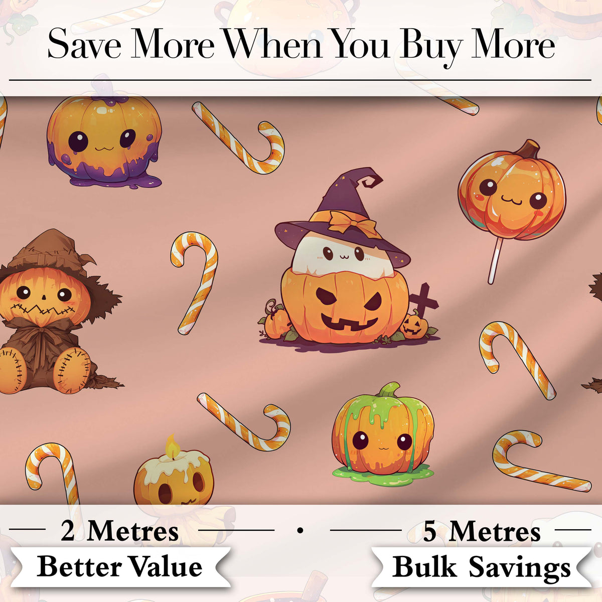 Cute Kawaii Halloween Pumpkin Candy Scarecrow Seamless Pattern Peach Background Digital Print Fabric by the Metre UK Sewing Quilting Textile