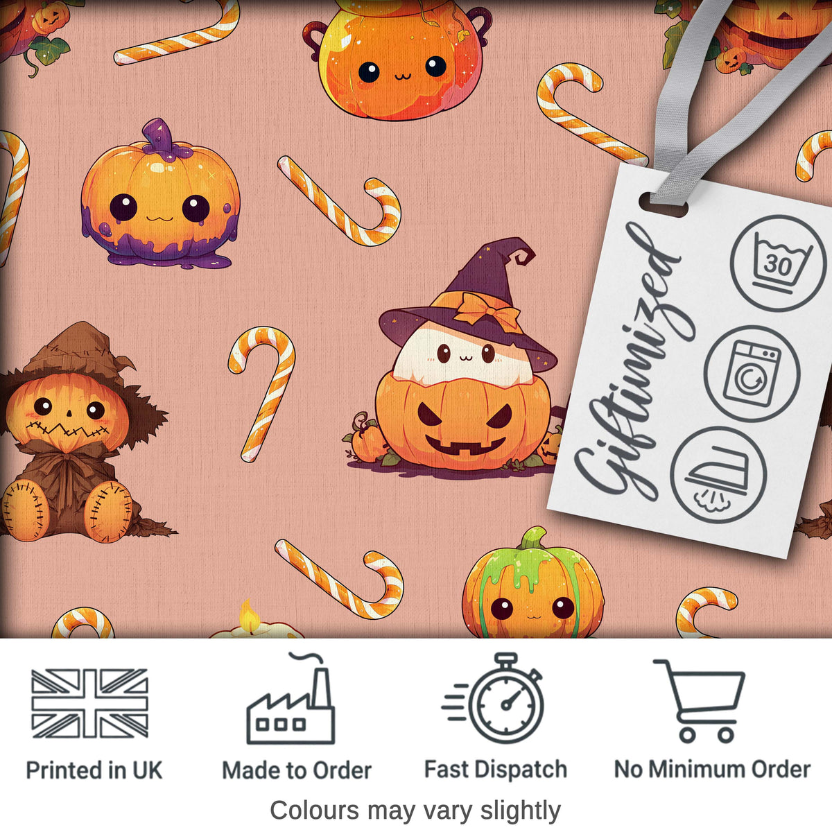 Cute Kawaii Halloween Pumpkin Candy Scarecrow Seamless Pattern Peach Background Digital Print Fabric by the Metre UK Sewing Quilting Textile