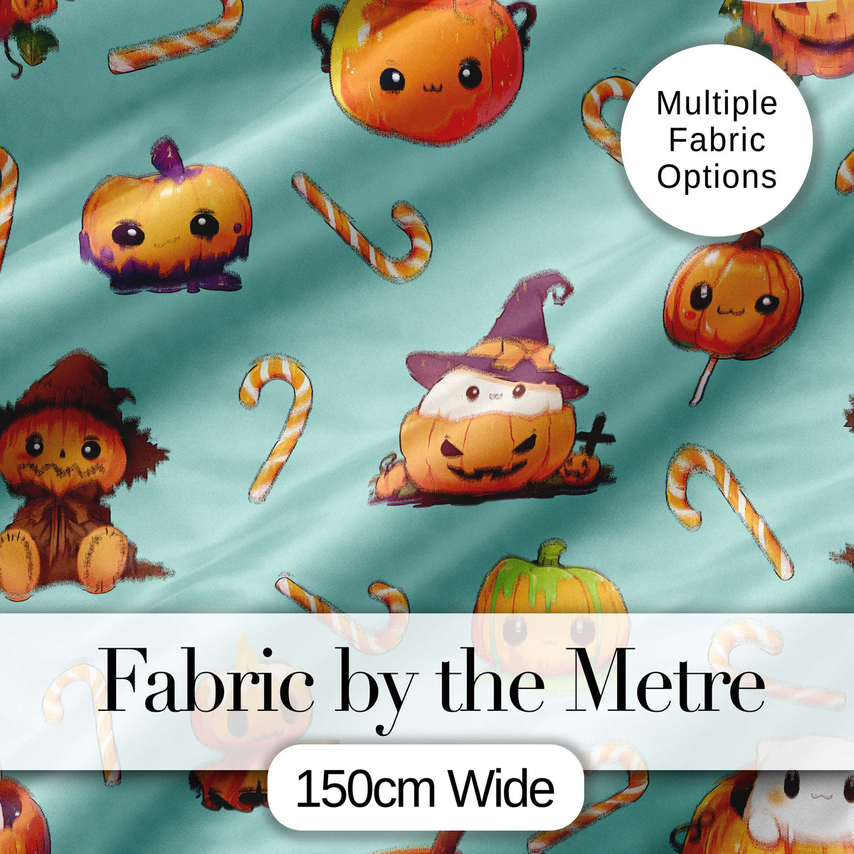 Cute Kawaii Halloween Pumpkin Candy Scarecrow Seamless Pattern Teal Background Digital Print Fabric by the Metre UK Sewing Quilting Textile