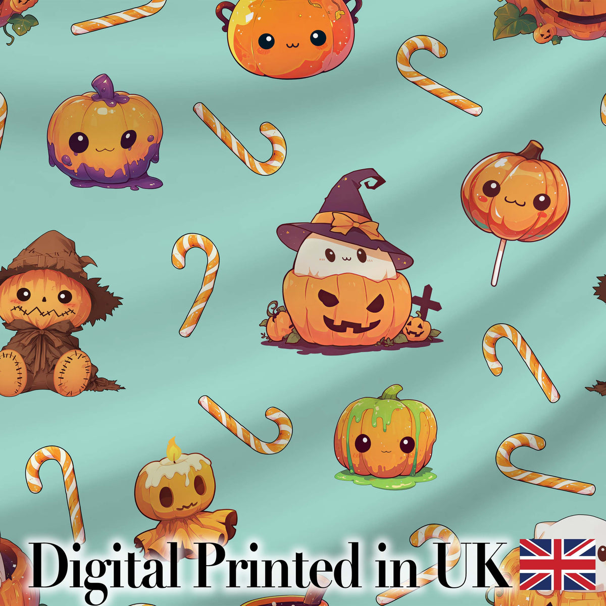 Cute Kawaii Halloween Pumpkin Candy Scarecrow Seamless Pattern Teal Background Digital Print Fabric by the Metre UK Sewing Quilting Textile