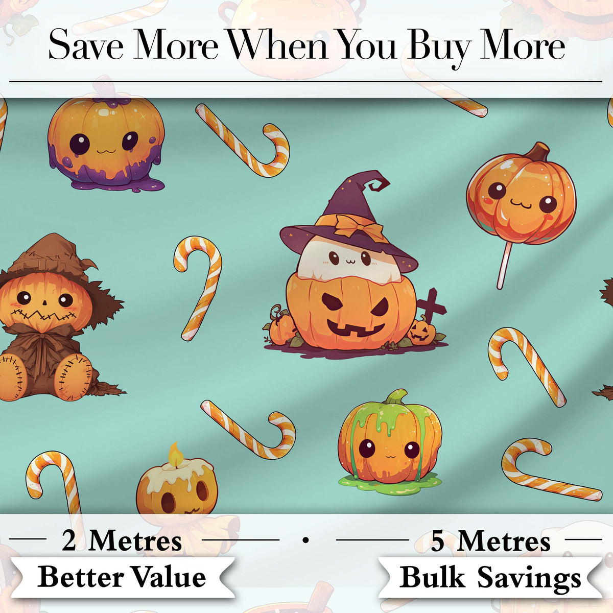 Cute Kawaii Halloween Pumpkin Candy Scarecrow Seamless Pattern Teal Background Digital Print Fabric by the Metre UK Sewing Quilting Textile
