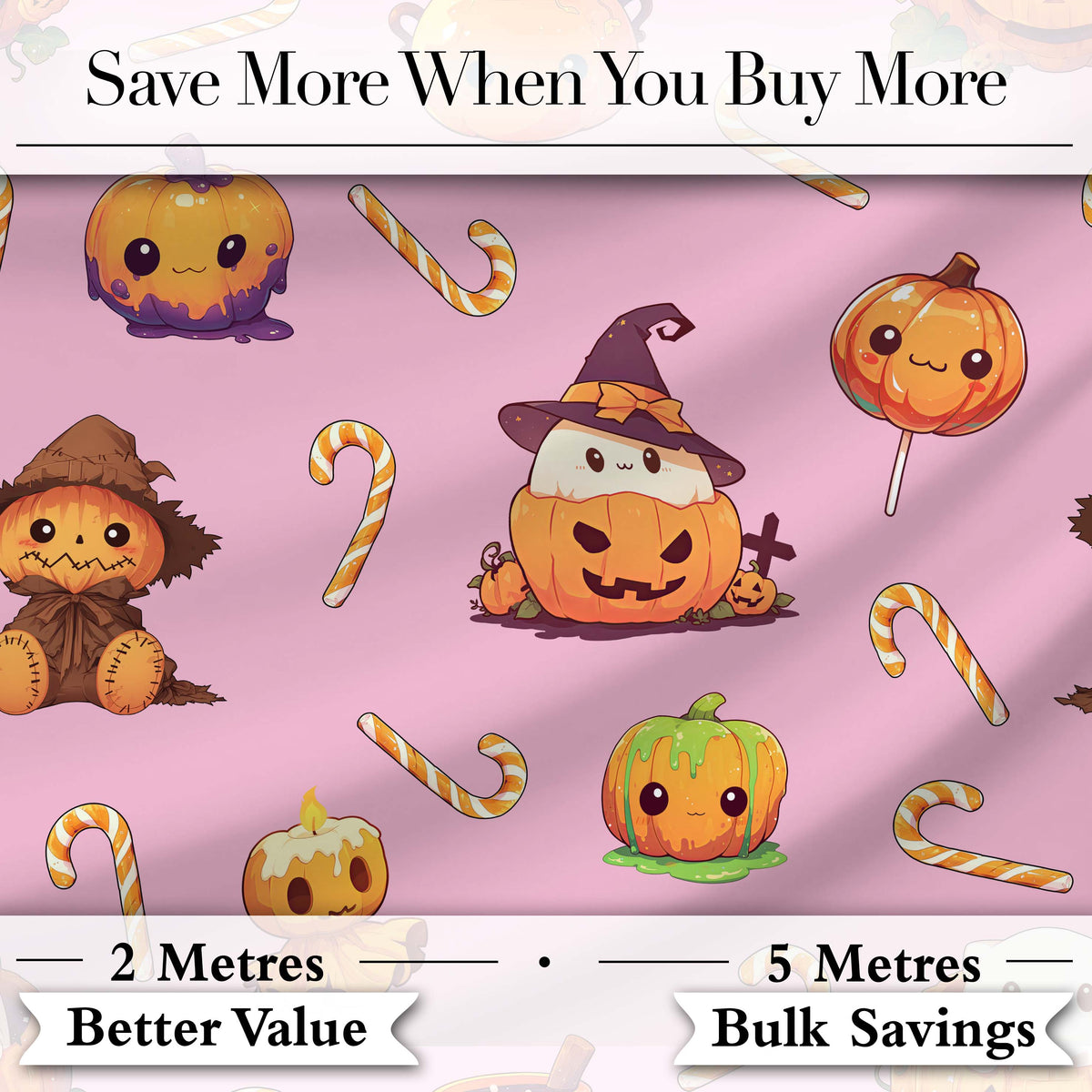 Cute Kawaii Halloween Pumpkin Candy Scarecrow Seamless Pattern Pink Background Digital Print Fabric by the Metre UK Sewing Quilting Textile