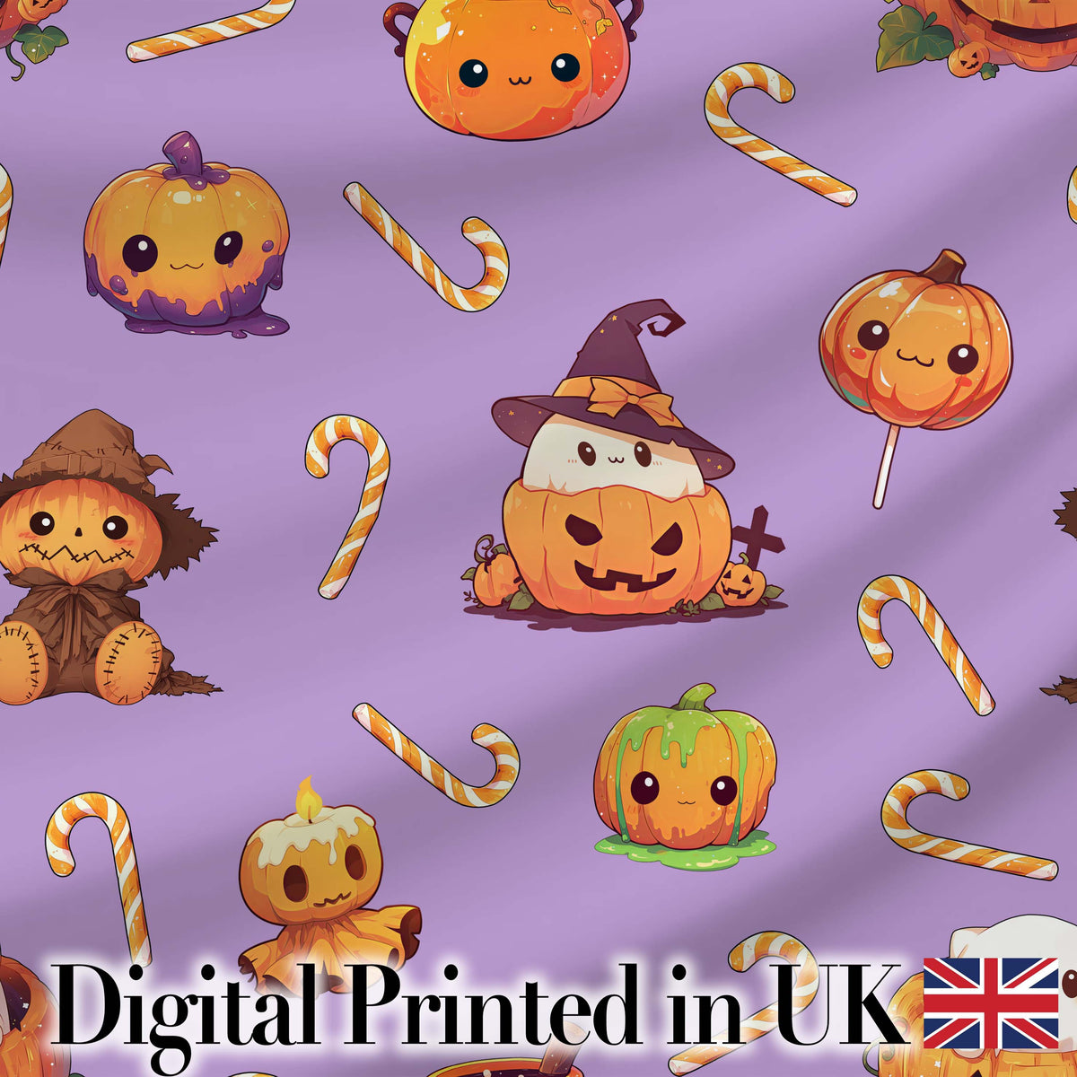 Cute Halloween Pumpkin Candy Scarecrow Seamless Pattern Purple Background Digital Print Fabric by the Metre UK Sewing Quilting Textile