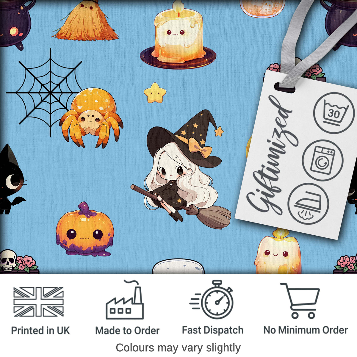Cute Kawaii Witch Spider Candle Moon Seamless Pattern Blue Background Digital Print Fabric by the Metre UK Sewing Quilting Textile