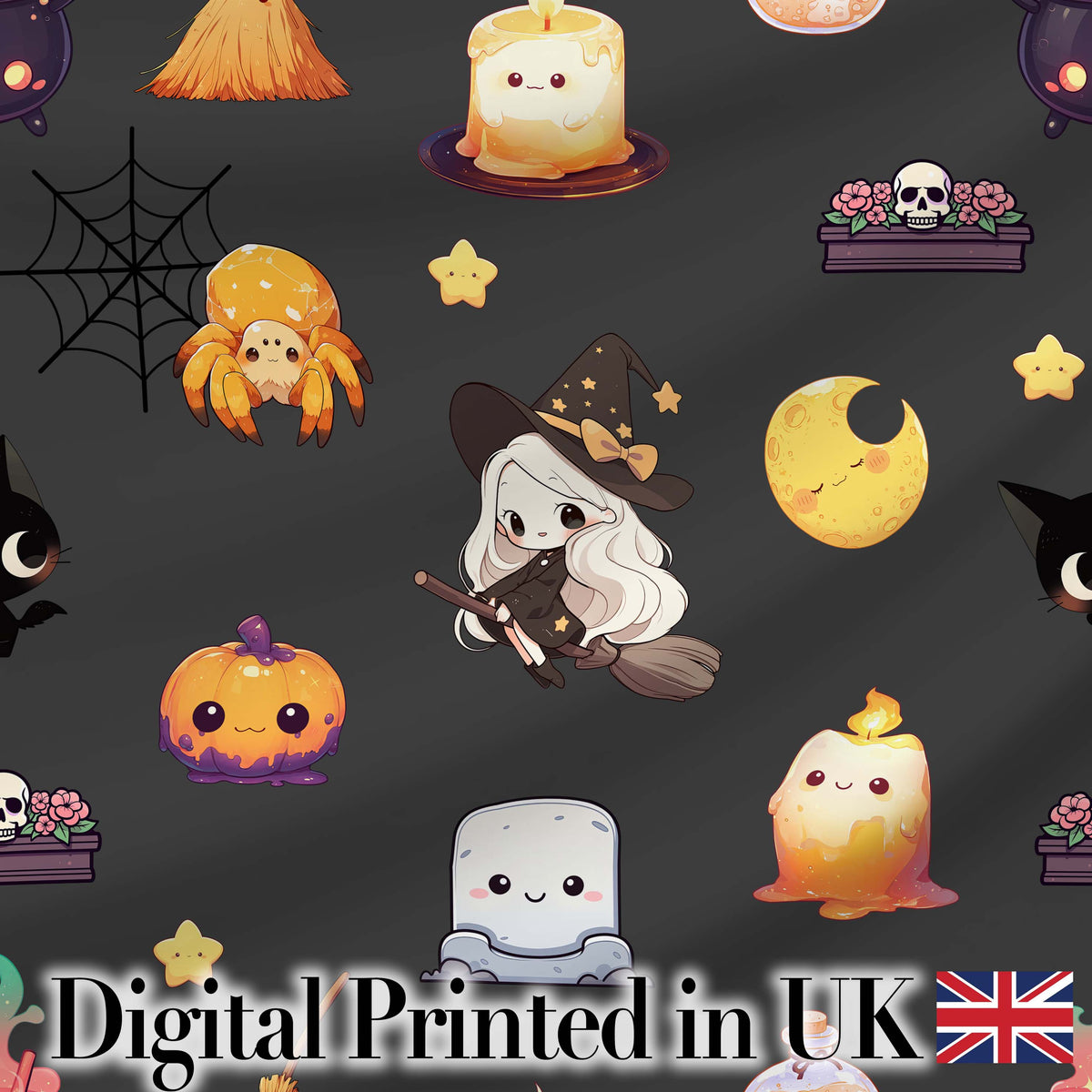 Cute Kawaii Witch Spider Candle Moon Seamless Pattern Black Background Digital Print Fabric by the Metre UK Sewing Quilting Textile