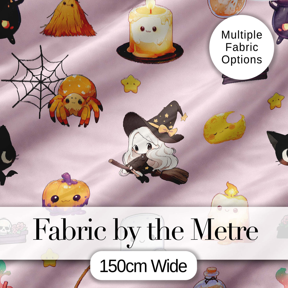 Cute Kawaii Witch Spider Candle Moon Halloween Seamless Pattern Pink Background Digital Print Fabric by the Metre UK Sewing Quilting Textile
