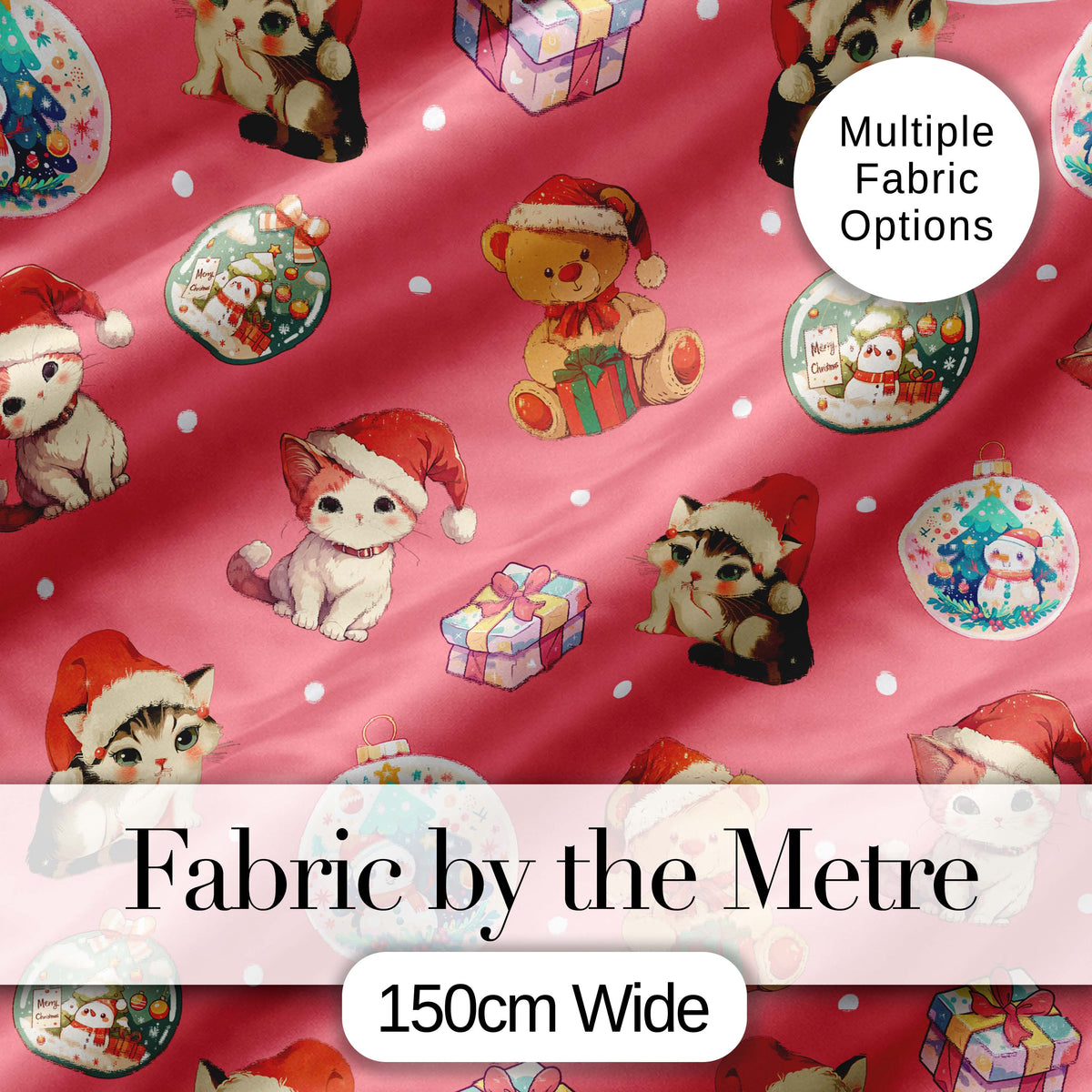 Cute Christmas Cat Teddy Bear Baubles on Coral Pink Background Seamless Pattern Digital Print Fabric by the Metre UK Sewing Quilting Textile