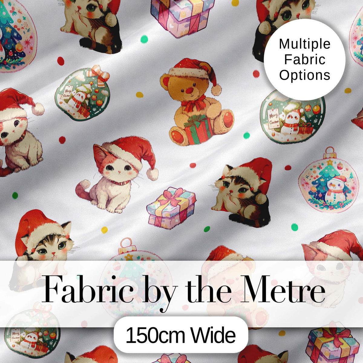 Cute Christmas Cat Teddy Bear Baubles on White Background Seamless Pattern Digital Print Fabric by the Metre UK Sewing Quilting Textile