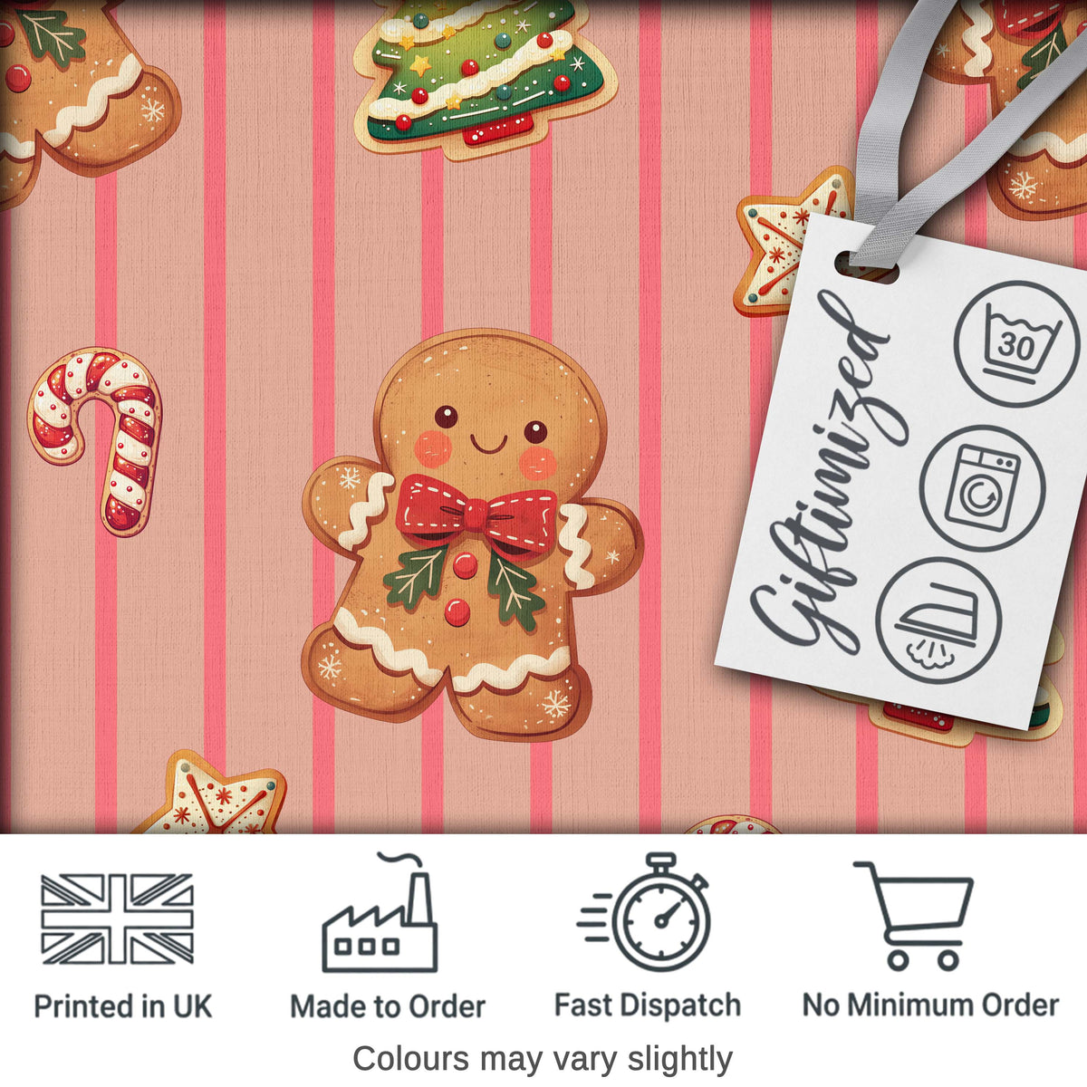 Gingerbread Man Cookies Candy Cane on Pink Stripe Background Seamless Pattern Digital Print Fabric by the Metre UK Sewing Quilting Textile