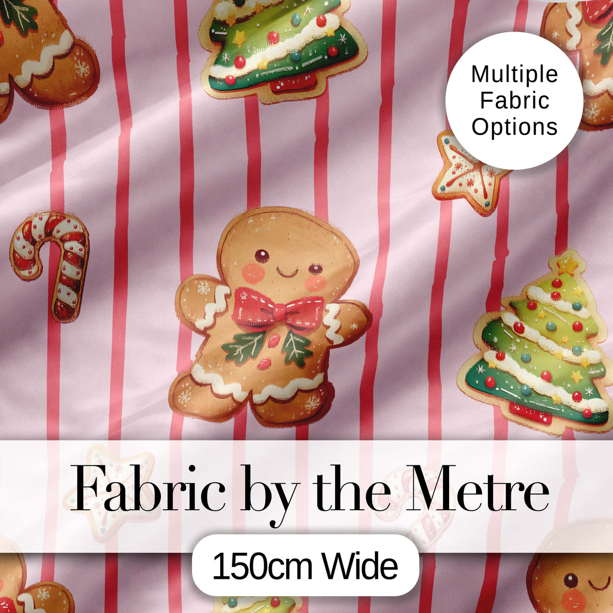 Gingerbread Man Cookies on Soft Blush Pink Stripe Background Seamless Pattern Digital Print Fabric by the Metre UK Sewing Quilting Textile