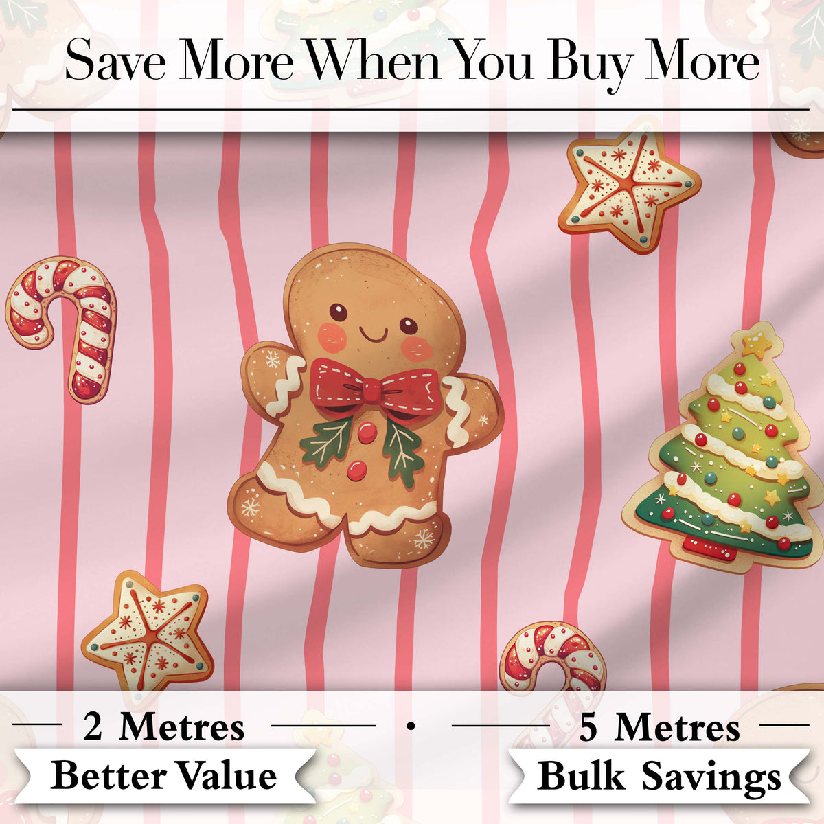 Gingerbread Man Cookies on Soft Blush Pink Stripe Background Seamless Pattern Digital Print Fabric by the Metre UK Sewing Quilting Textile