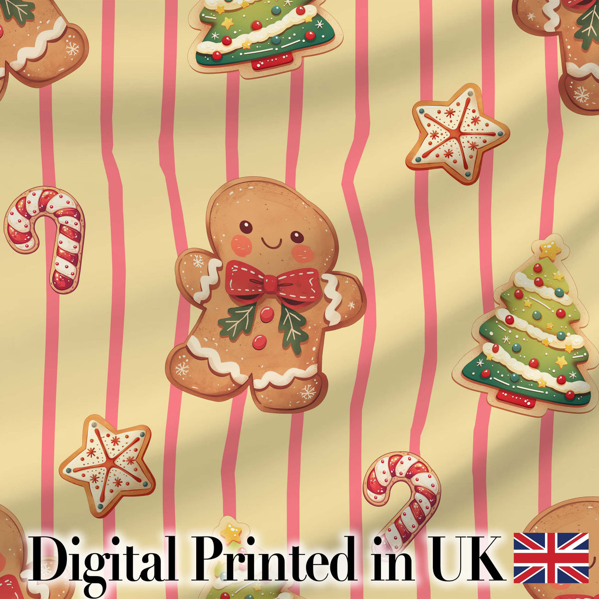 Gingerbread Man Cookies Candy Cane on Cream Beige Stripe Background Seamless Digital Print Fabric by the Metre UK Sewing Quilting Textile